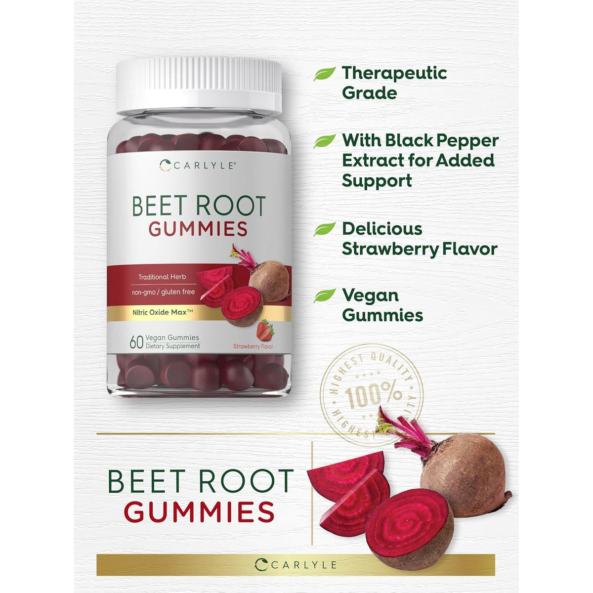Carlyle Beet Root Gummies | 60 Count | Extract Supplement with Black Pepper and Vitamin C | for Men & Women | Beta Vulgaris | Strawberry Flavor | Vegan, Non-Gmo, and Gluten Free