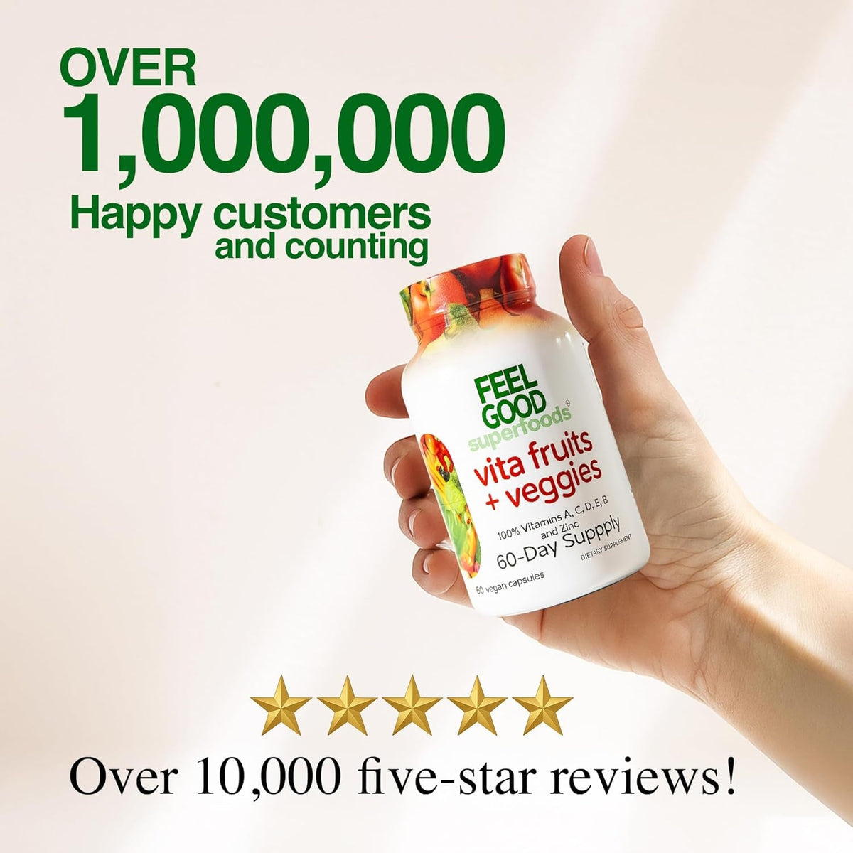 Feelgood Superfoods 1000Mg Immune Support Capsules Made with 25 Organic Fruits and Vegetables, Strong Immunity Boosters with Vitamins A, C, D3, and Zinc, 60 Count