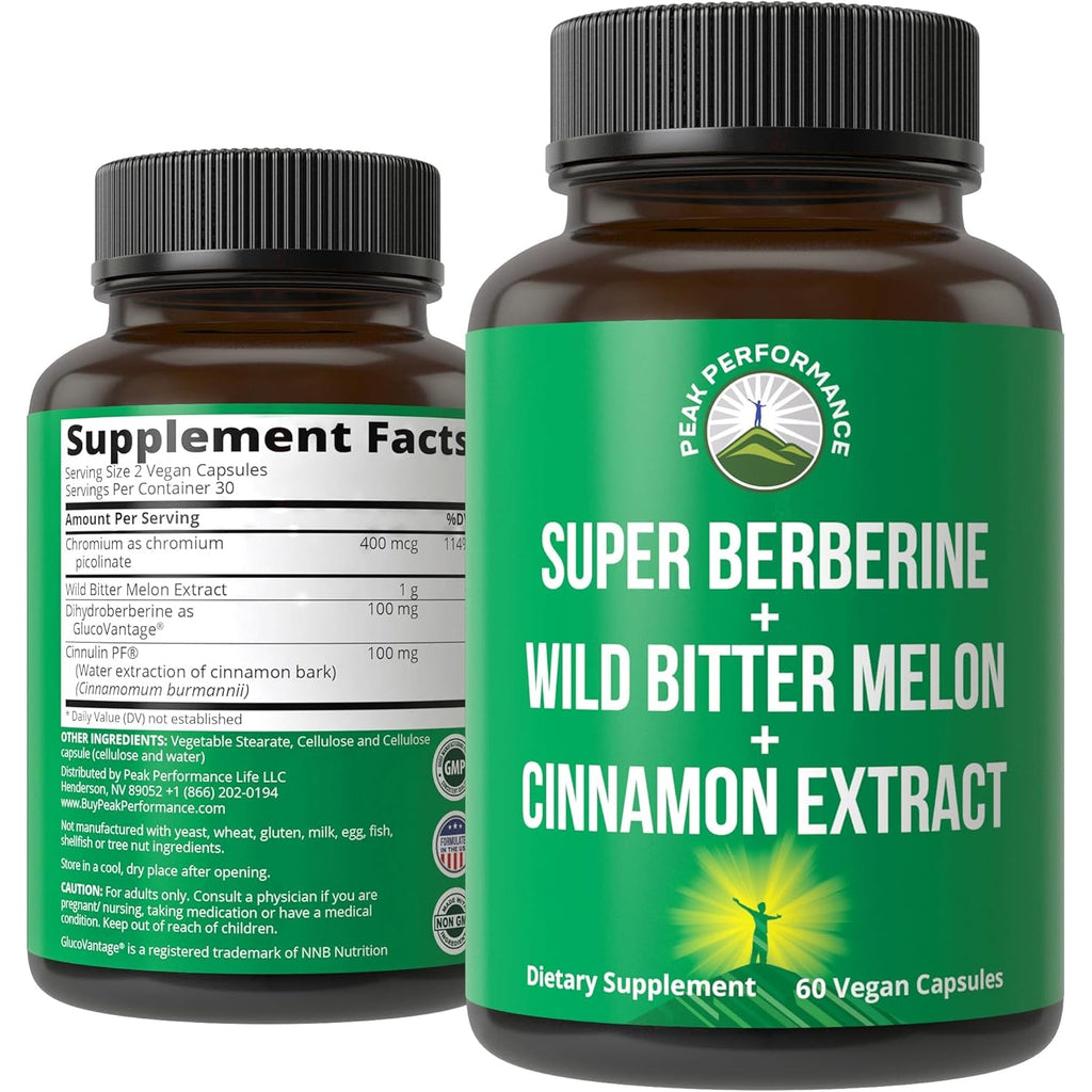 Ultra High Strength 4-In-1 Super Berberine Patented Glucovantage + Wild Bitter Melon + Cinnamon Extract + Chromium Picolinate Vegan Capsules. Great Supplement to Support After-Meal Spikes and Energy