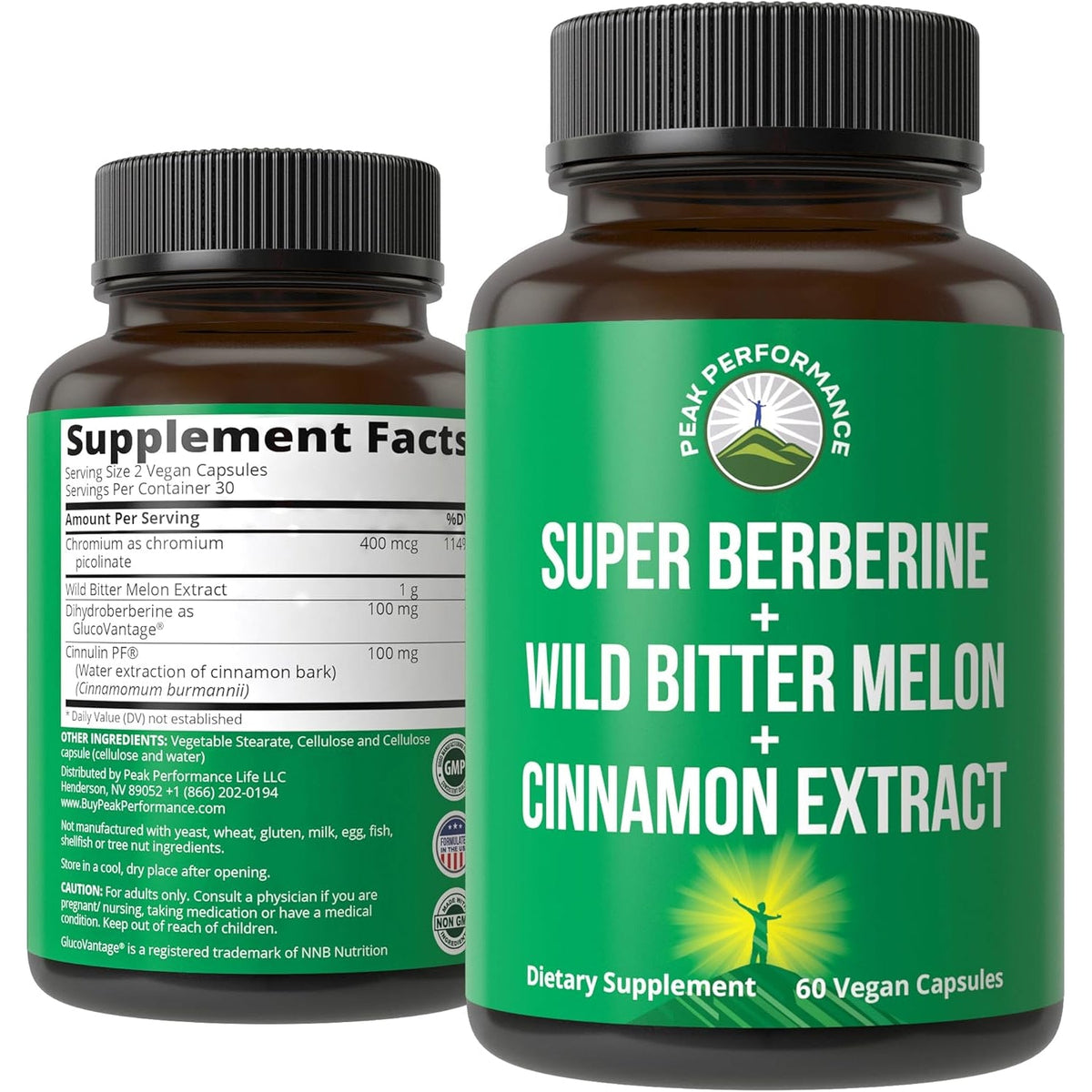 Ultra High Strength 4-In-1 Super Berberine Patented Glucovantage + Wild Bitter Melon + Cinnamon Extract + Chromium Picolinate Vegan Capsules. Great Supplement to Support After-Meal Spikes and Energy