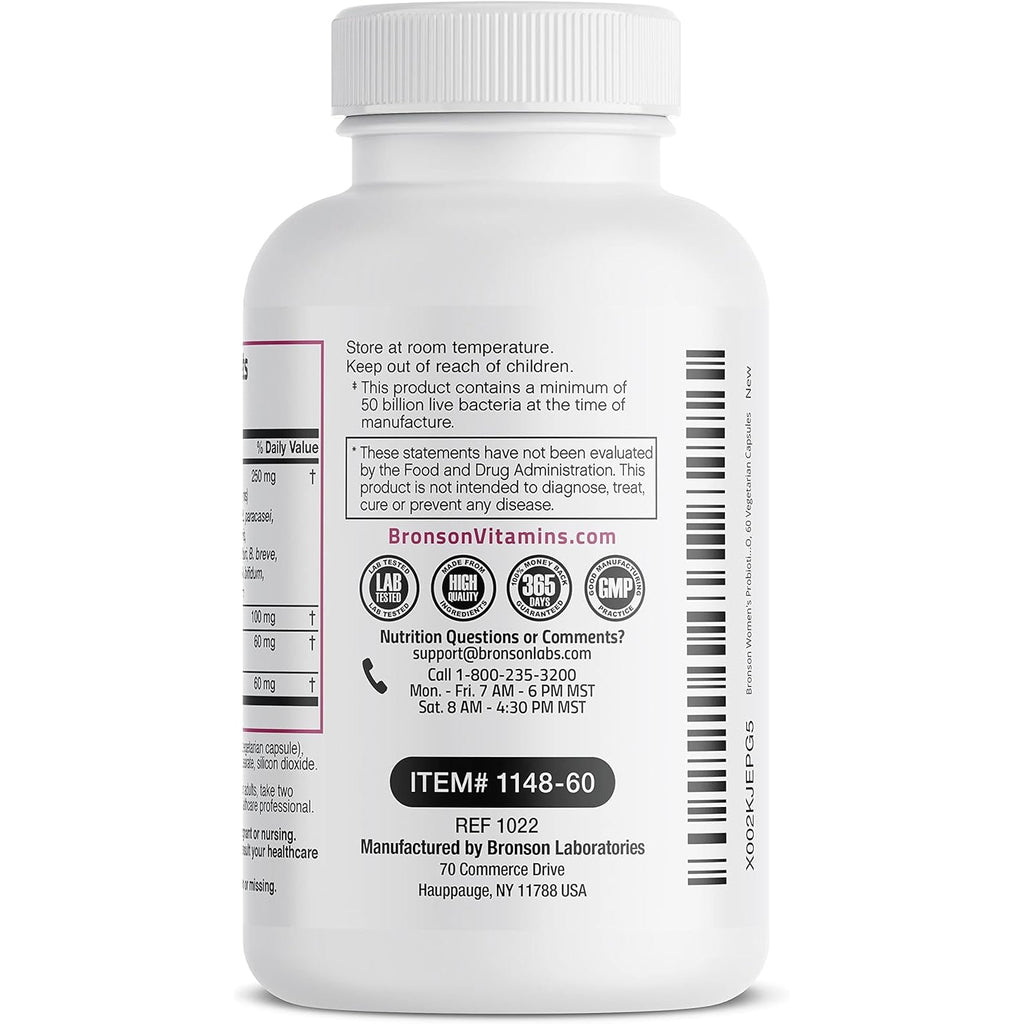 Bronson Women'S Probiotic 50 Billion CFU + Prebiotic with Cranberry & D-Mannose – Vaginal Health, Healthy Digestion, Immune Function and Urinary Tract Support, Non-Gmo, 60 Vegetarian Capsules