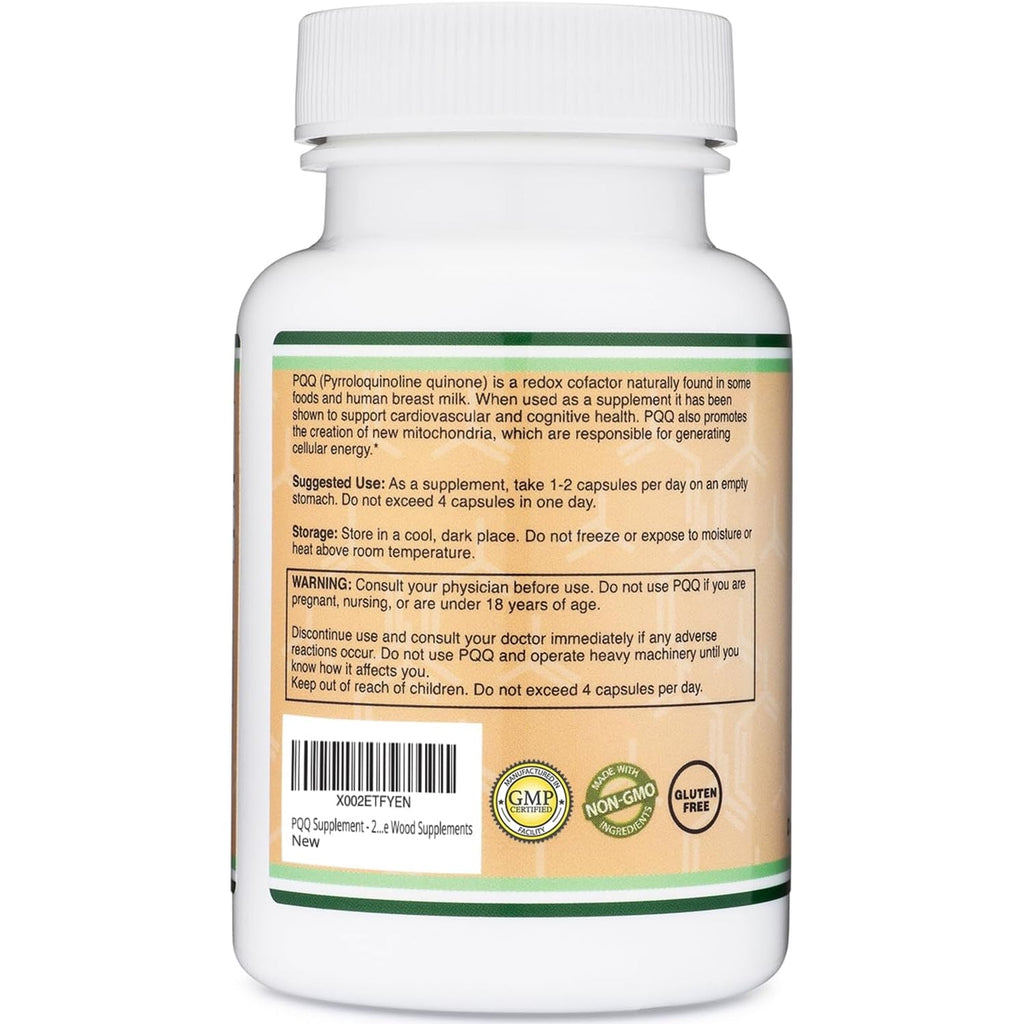 PQQ Supplement - 20Mg, 60 Capsules (Pyrroloquinoline Quinone) Promotes Mitochondria ATP Coenzyme Levels, Energy Optimizer and Sleep Support (Non-Gmo, Gluten Free, Vegan Safe) by Double Wood