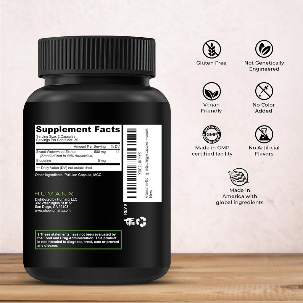 HUMANX Artemisinin 505Mg with Bioperine for Greater Absorption - Supports Healthy Aging, Digestion, and Immunity - USA Third Party Tested - Vegan, Non-Gmo - Artemisia Annua - Sweet Wormwood Extract