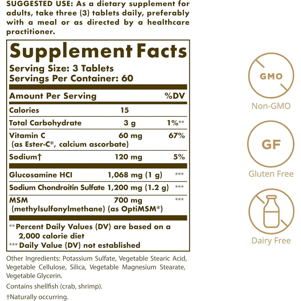 Solgar Extra Strength Glucosamine Chondroitin MSM W/Ester-C, 180 Tablets - Promotes Healthy Joints, Supports Comfortable Movement & Collagen Formation - Non-Gmo, Gluten No, Dairy No - 60 Servings