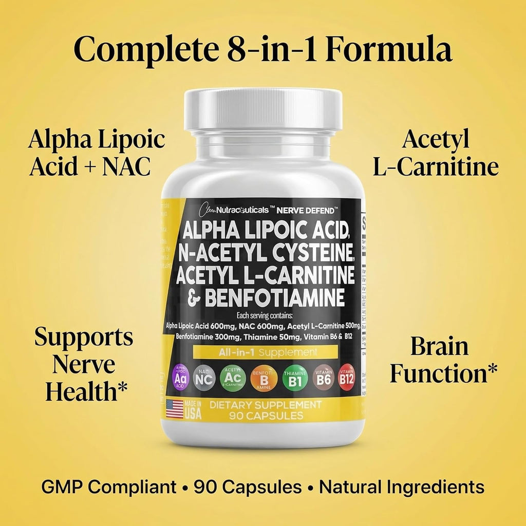 Alpha Lipoic Acid 600Mg N-Acetyl Cysteine 600Mg Acetyl L-Carnitine 500Mg Benfotiamine 300Mg - Nerve Support Supplement for Women and Men with Vitamin B1 B6 & B12 - Made in USA 90 Caps