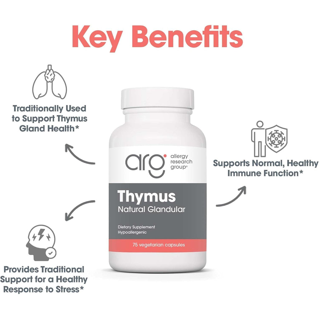 Allergy Research Group Thymus Supplement - Thymus Tissue, Glandular Extract, 1000Mg Raw Thymus Glandular, Ovine, Lyophilized, Hypoallergenic - 75 Count