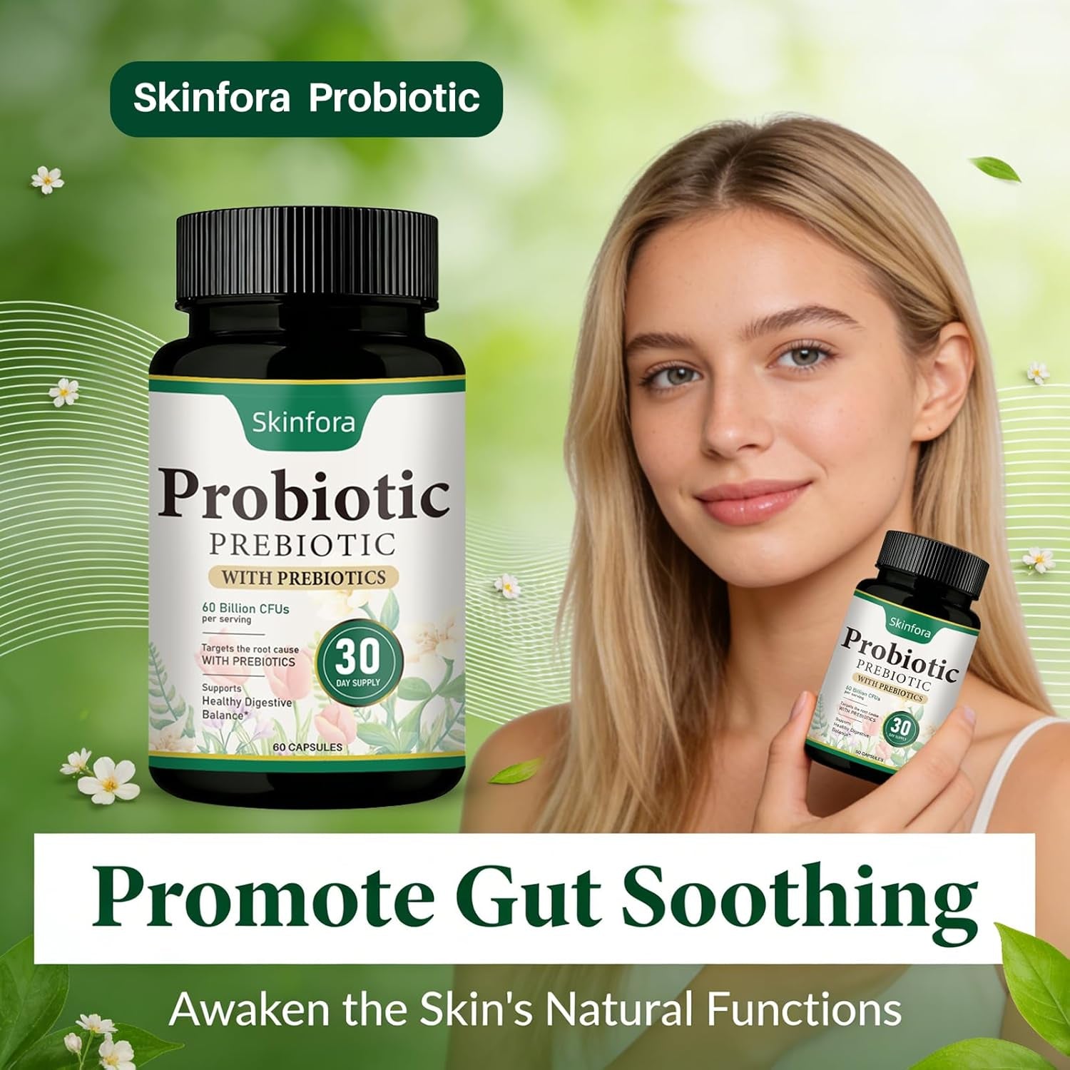 Probiotic Supplement for Skin & Gut Support, Daily Wellness Formula, Non-Gmo, Vegan, 60 Capsules