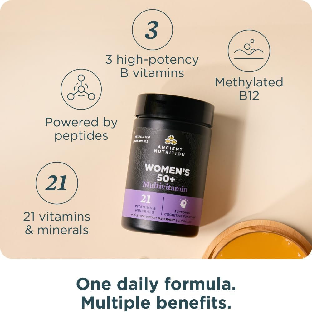 Ancient Nutrition Women’S 50+ Multivitamin with Ashwagandha – Menopause Support for Hot Flashes, Sleep, Mood, Energy & Hormonal Balance – 21 Vitamins & Minerals – 30 Servings