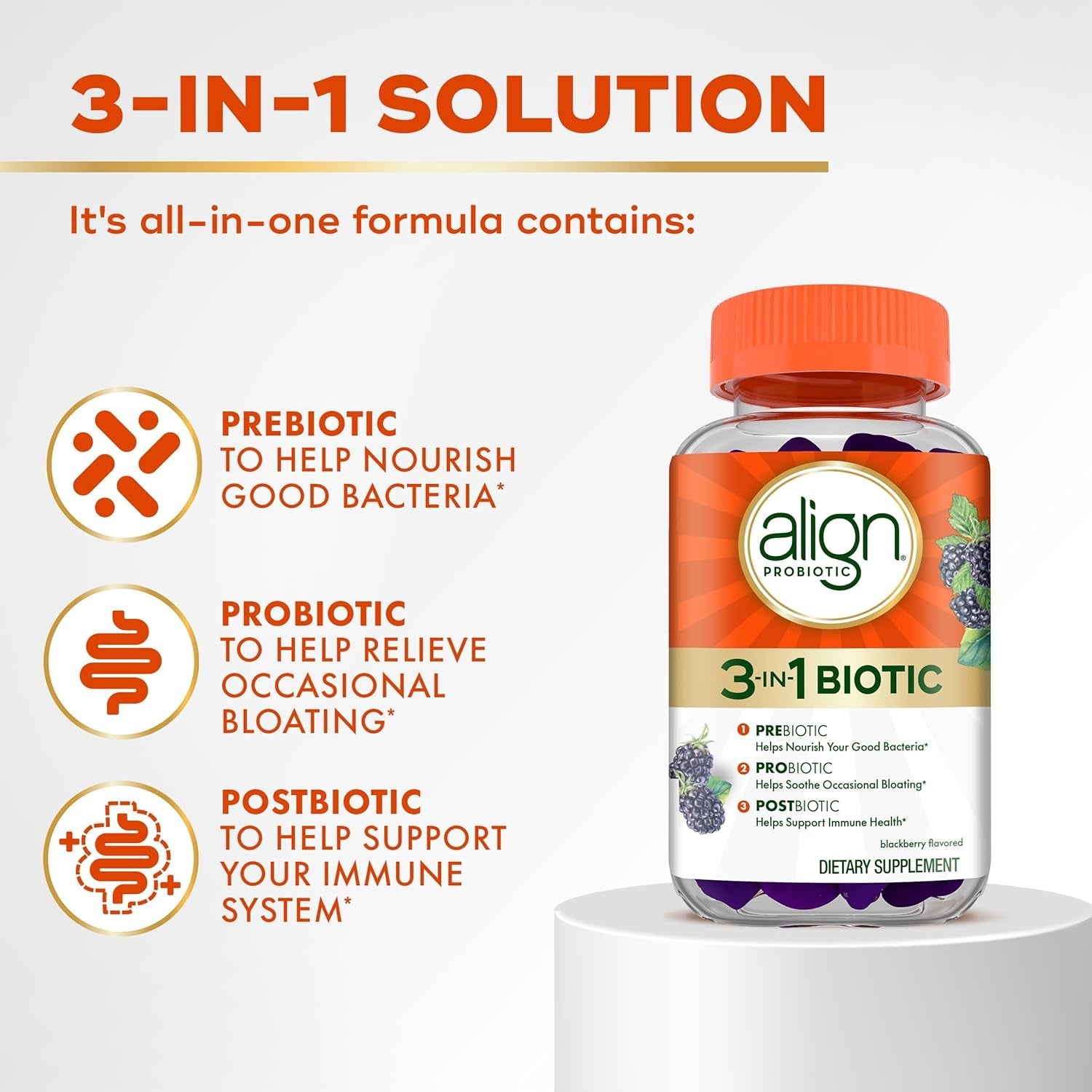 Align Probiotic, 3-In-1 Biotic Gummies, Prebiotic + Probiotic + Postbiotic, #1 Doctor Recommended Probiotic Brand‡, Helps Relieve Occasional Bloating*, Blackberry Flavor, 50 Gummies