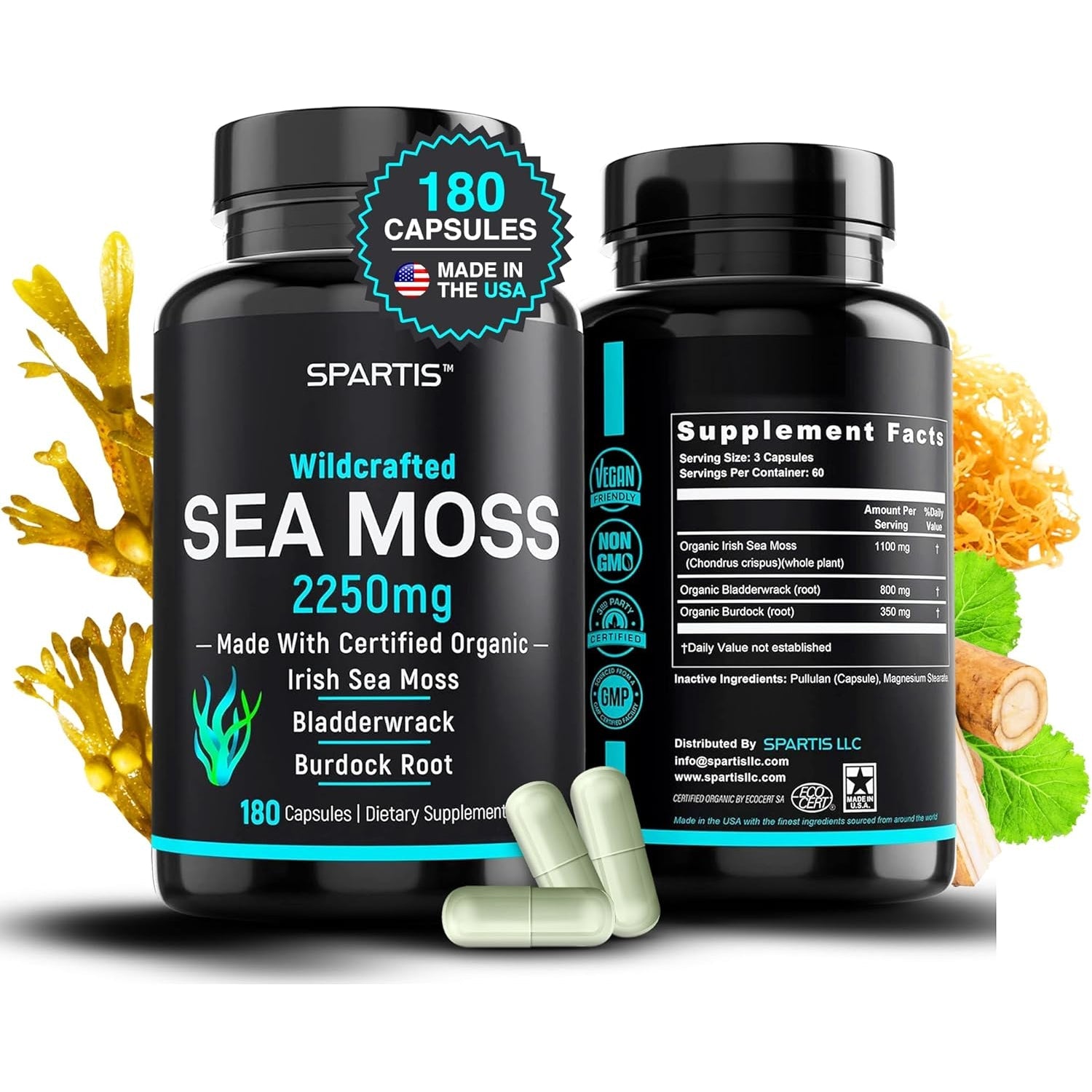 SPARTIS Certified Organic Sea Moss Capsules 2250Mg Wildcrafted Irish Sea Moss Burdock Root Bladderwrack Supplement Raw Seamoss Pills & Powder (Pack of 1 at 180-Caps)