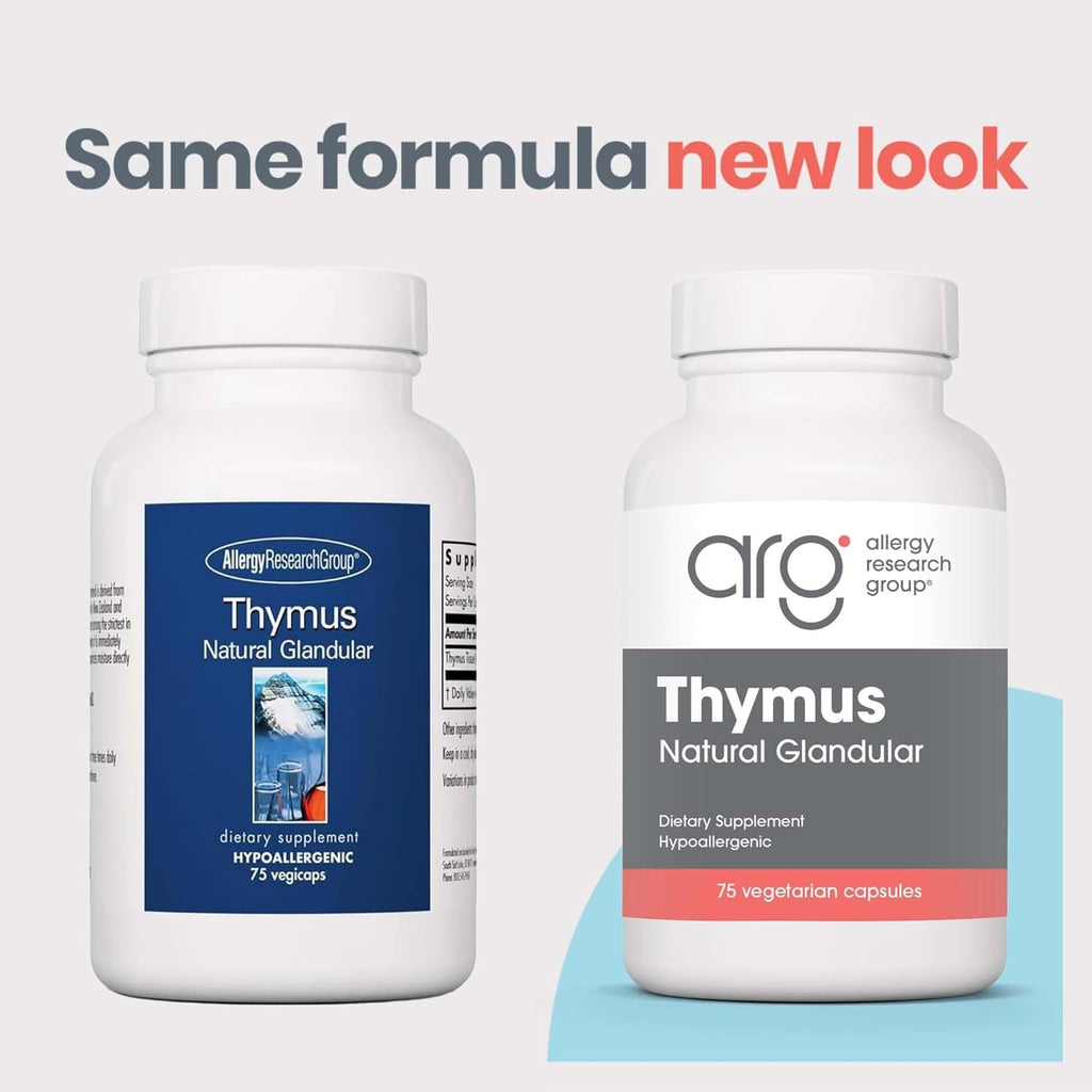Allergy Research Group Thymus Supplement - Thymus Tissue, Glandular Extract, 1000Mg Raw Thymus Glandular, Ovine, Lyophilized, Hypoallergenic - 75 Count