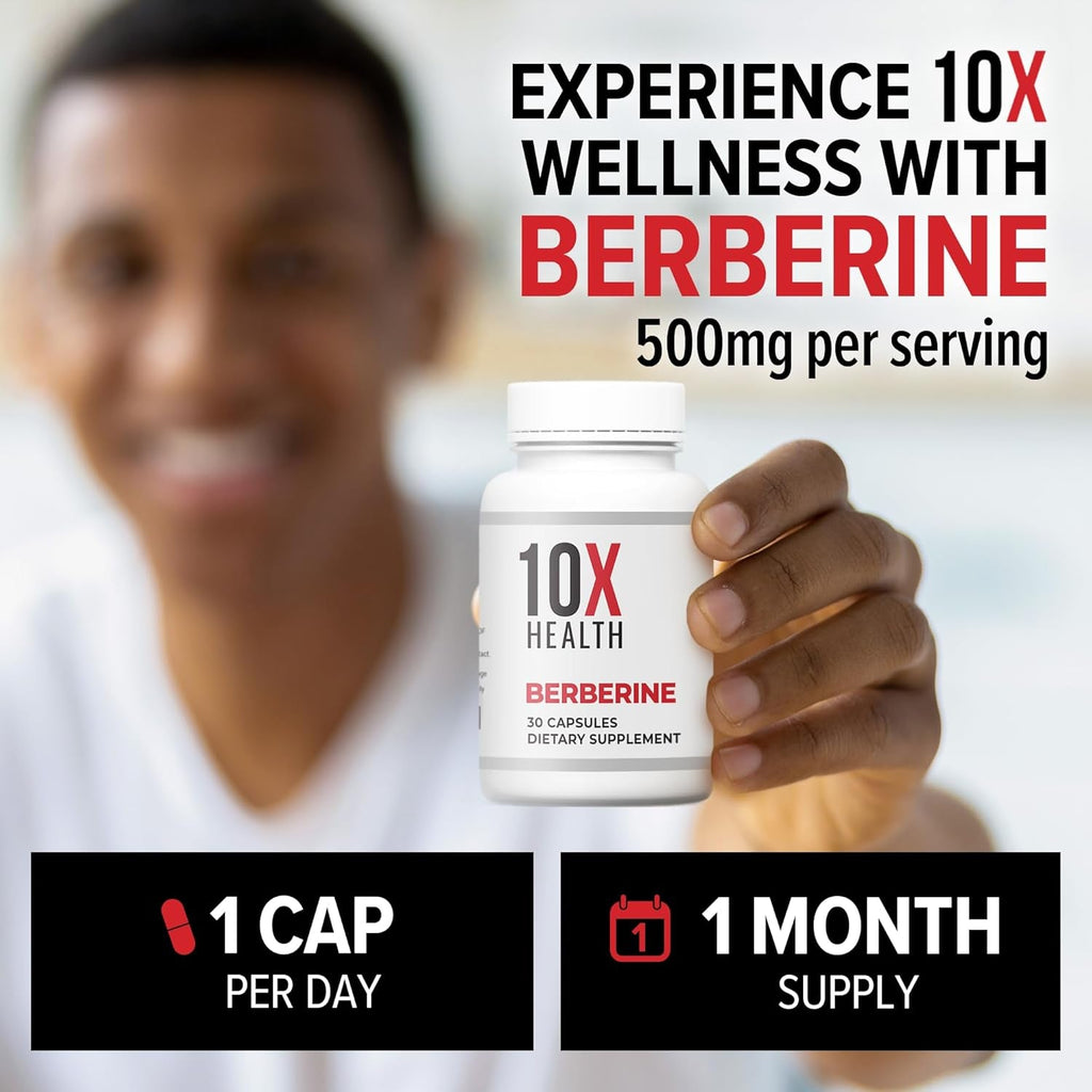 10X Health Berberine Supplement 500Mg - Contains Dihydroberberine Supplement for Better Absorption - Supports Cardiovascular & Gut Health Supplements for Women & Men - 30 Capsules