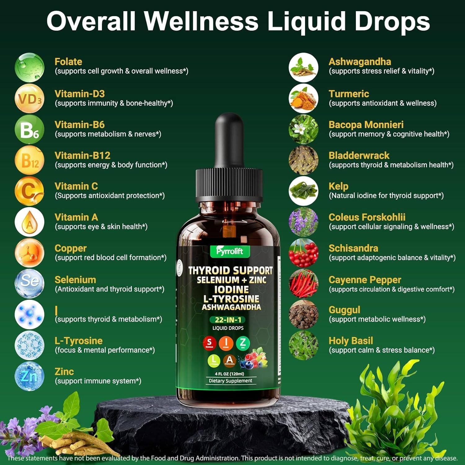 Thyroid Support for Women & Men, 22 in 1 Natural Herbal Formula Support Body Immune & Balance | Kelp Ashwagandha Turmeric Selenium Zinc L-Tyrosine Vitamin B12 | Thyroid Supplement Liquid Drops, 120 ML