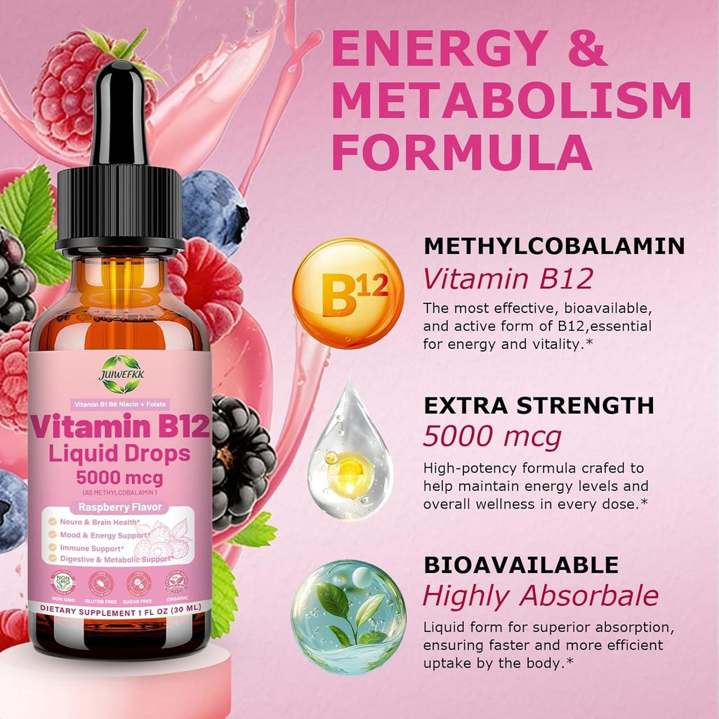 Liquid Vitamin B12 Drops 5000 Mcg - Extra Strength B12 Methylcobalamin with B1 B6 B3 Folate Niacin - Fast Absorption Sublingual B-12 Drops for Energy Metabolism & Brain Function, Vegan B Complex