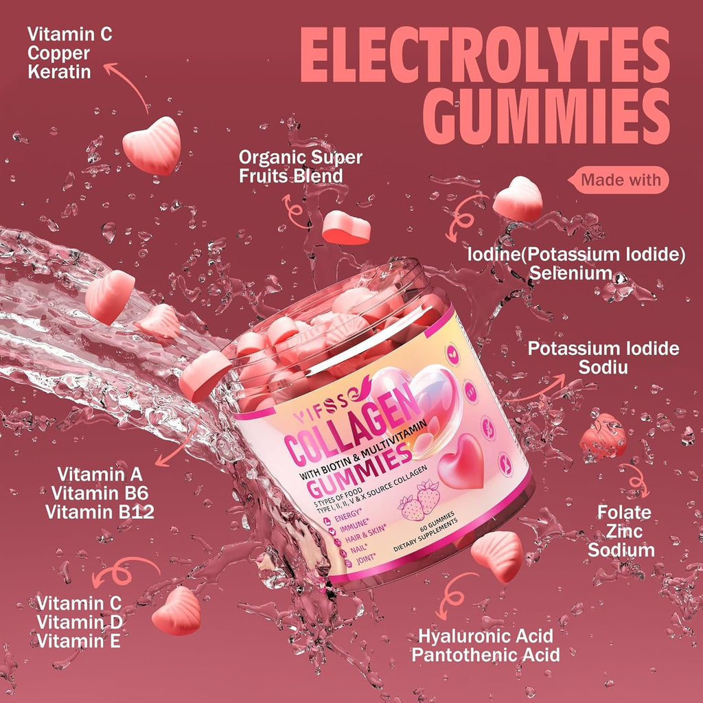 VIFSSG Collagen Peptide Gummies for Women,60 Gummies Sugar-Free Hydrolyzed, Extra Strength 2500Mg Protein Type I,II,III,V,X with 15000Mcg Biotin and Vitamin a B6 B12 C D E for Hair Skin Nail