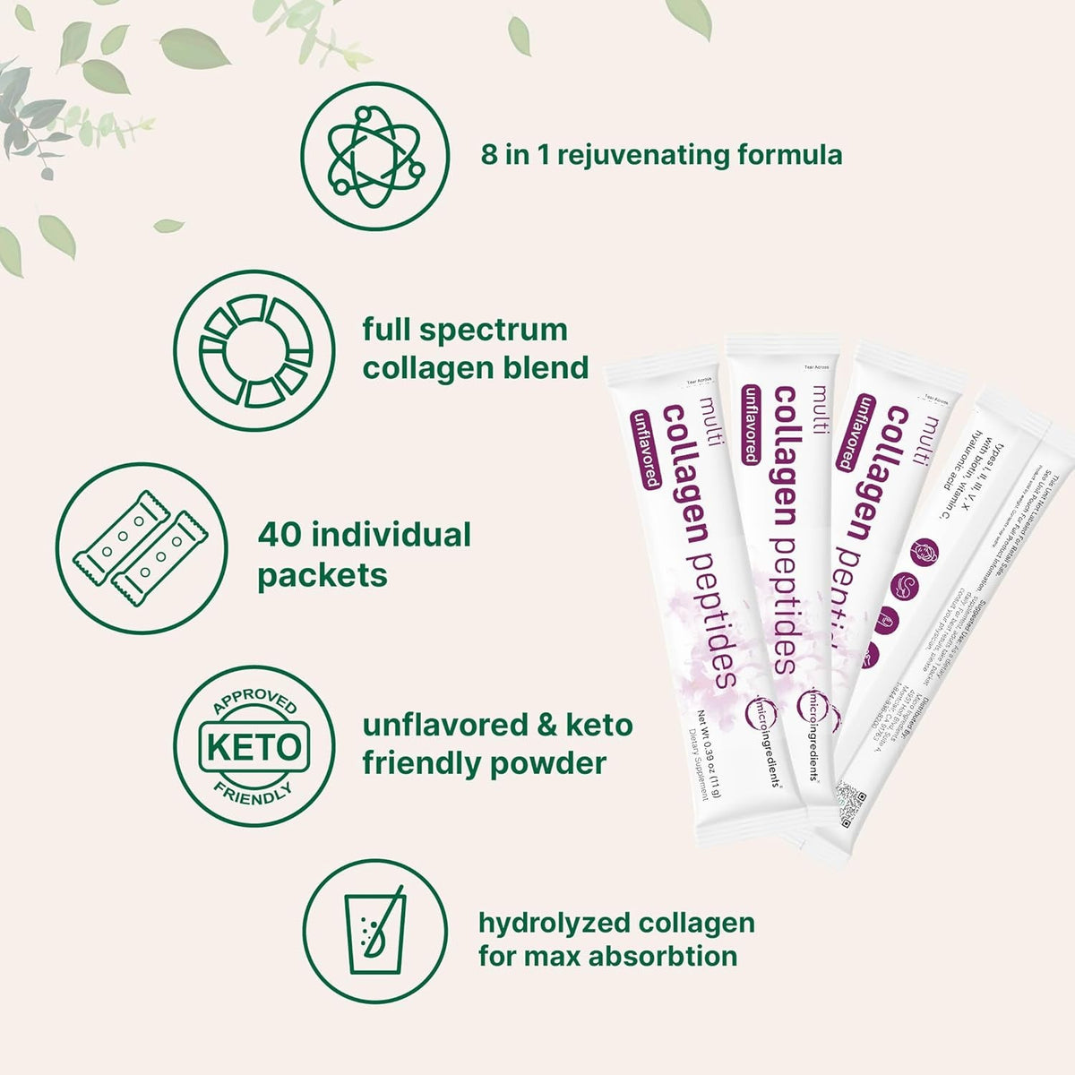 Micro Ingredients Multi Collagen Peptides Powder, 40 Stick Packs | Type I, II, III, V, X + Biotin, Vitamin C & Hyaluronic Acid | Unflavored | Supports Hair, Skin & Joint Health | Keto, Non-Gmo