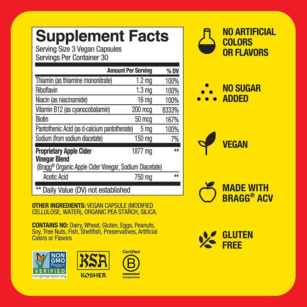 Bragg Energy Apple Cider Vinegar Capsules with B-12 Vitamins - 90 Capsules - Weight Management - Non-Gmo, Vegan, Gluten Free, No Sugar - Helps Generate Energy at Cellular Level for Men and Women