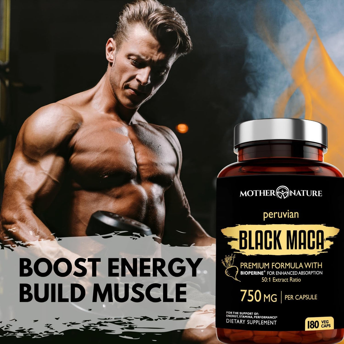 Black Maca Root 50:1 750Mg – 180 Capsules Organic Peruvian Maca Peruana Supplement for Men | High Potency Energy, Mood & Performance Support | Vegan, Non-Gmo