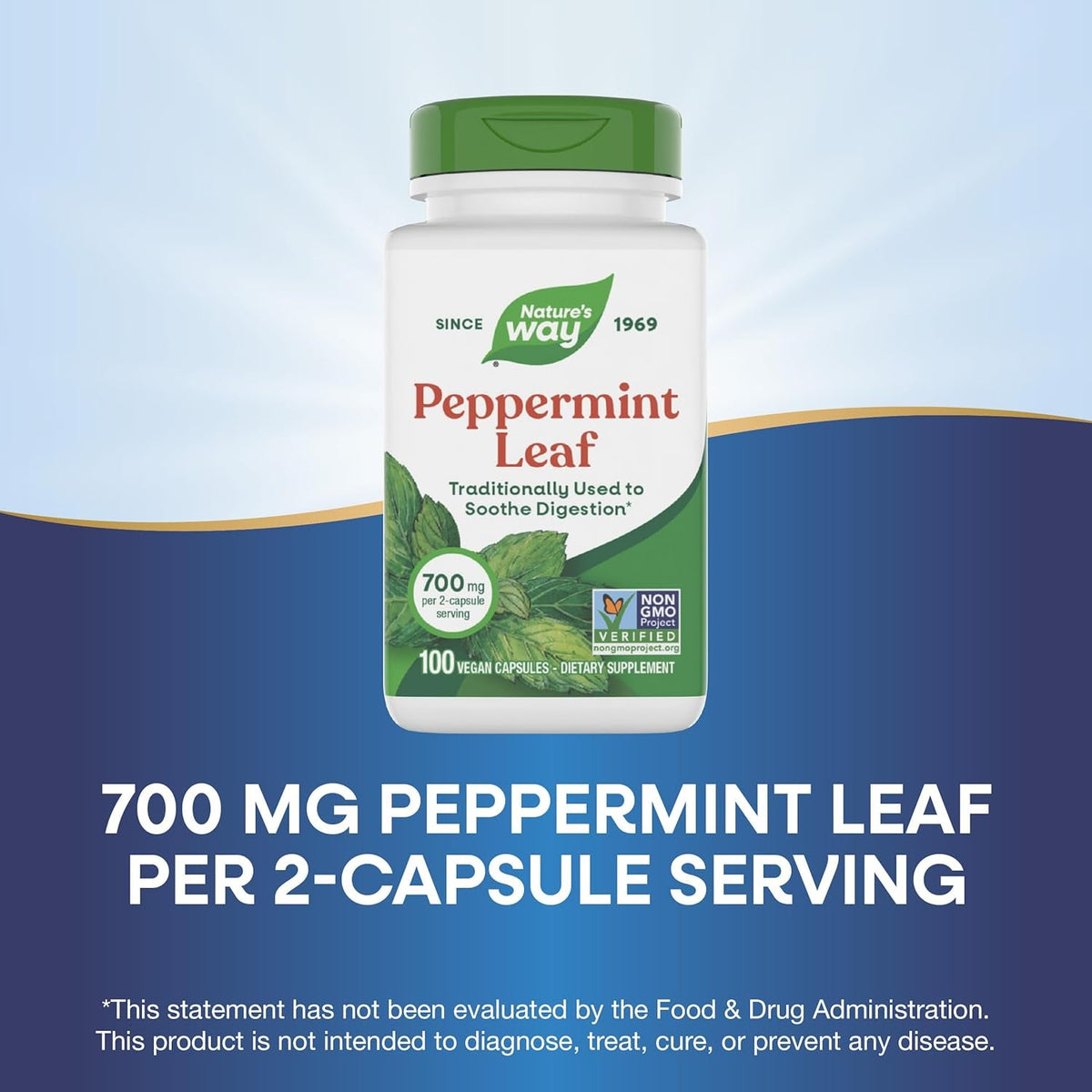 Nature'S Way Peppermint Leaf, Traditionally Used to Soothe Digestion*, 700 Mg per 2-Capsule Serving, Peppermint Supplement, Non-Gmo Project Verified, 100 Vegan Capsules (Packaging May Vary)