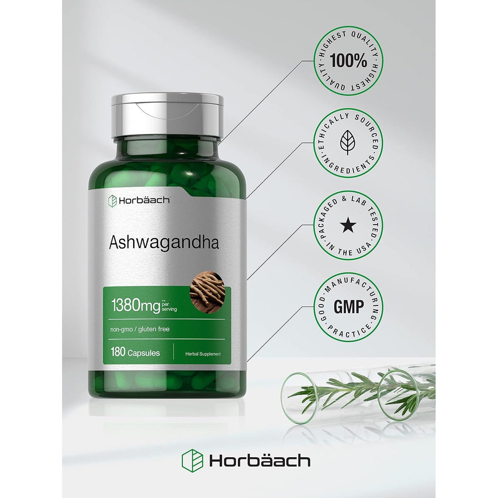 Horbäach Ashwagandha Root Supplement | 180 Capsules | for Women and Men | Herbal Extract | Non-Gmo, Gluten Free