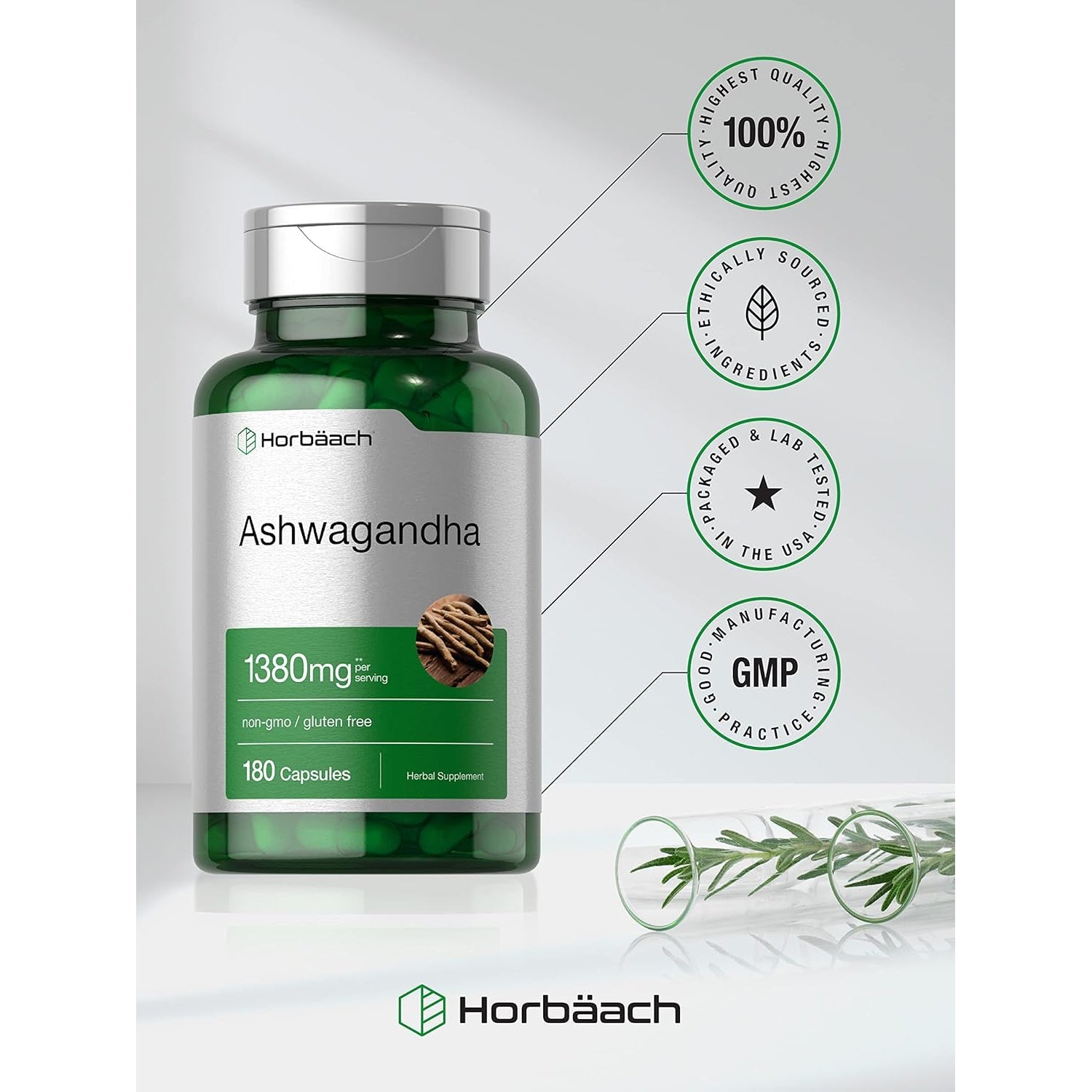 Horbäach Ashwagandha Root Supplement | 180 Capsules | for Women and Men | Herbal Extract | Non-Gmo, Gluten Free
