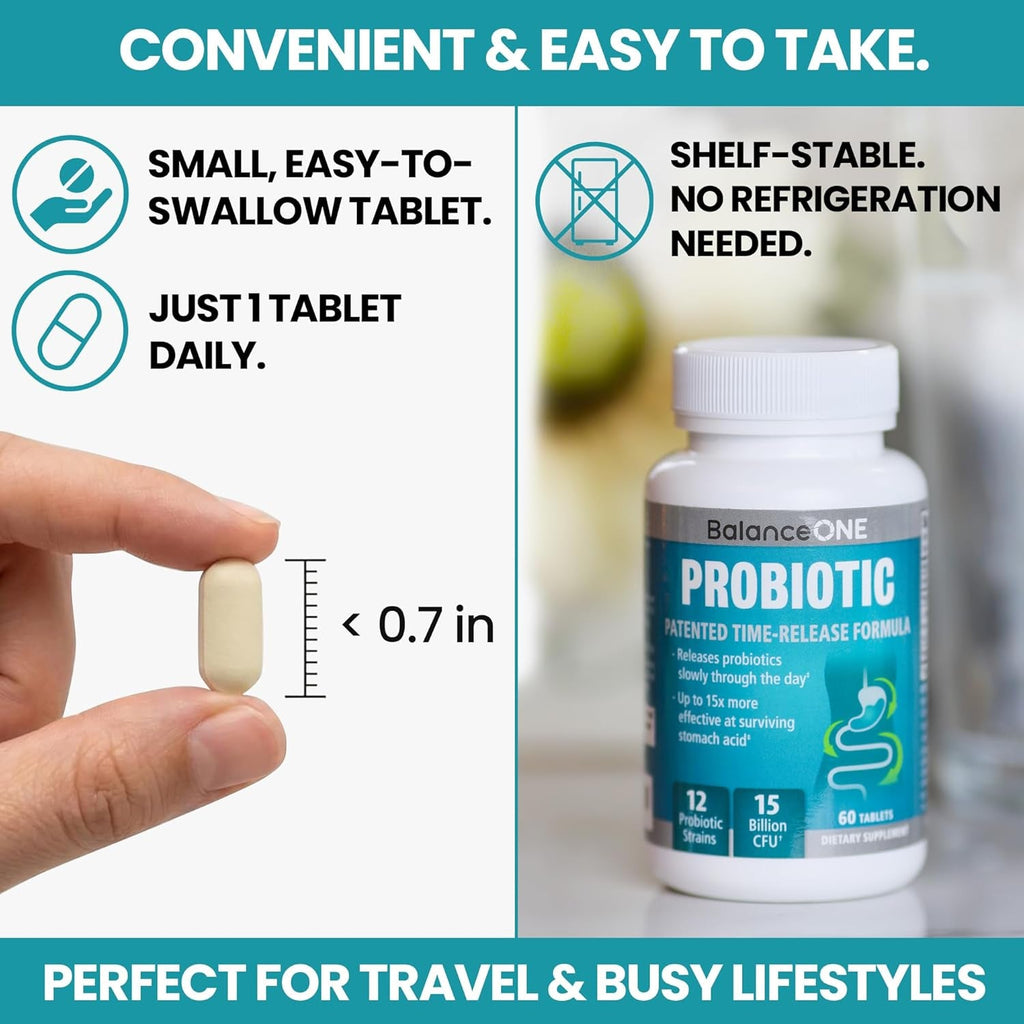 Balance ONE Time Release Probiotic – 15 Billion CFU – 12 Strains Including L. Plantarum – 15X More Survival than Capsules – Bloating & Gas Relief – Gut & Digestive Health for Women & Men – 60 Tablets