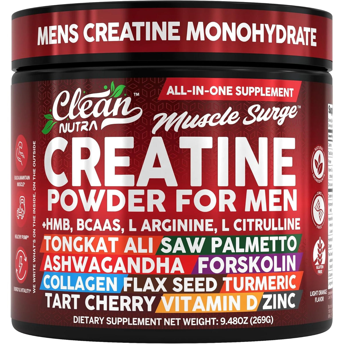 Clean Nutra Creatine Powder for Men + HMB BCAA L Arginine L Citrulline Tongkat Ali Saw Palmetto Ashwagandha Collagen Flax Seed Turmeric Preworkout Stevia Nitric Oxide L Glutamine Amino Acids