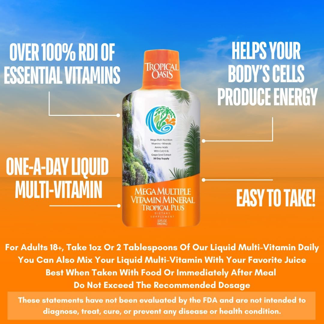 Tropical Oasis Mega plus - Liquid Multivitamin and Mineral Supplement – Includes 85 Vitamins & Minerals, 20 Amino Acids + Coq10, Grape Seed Extract & Organic Aloe Vera - 32Oz, 32 Servings, 33460