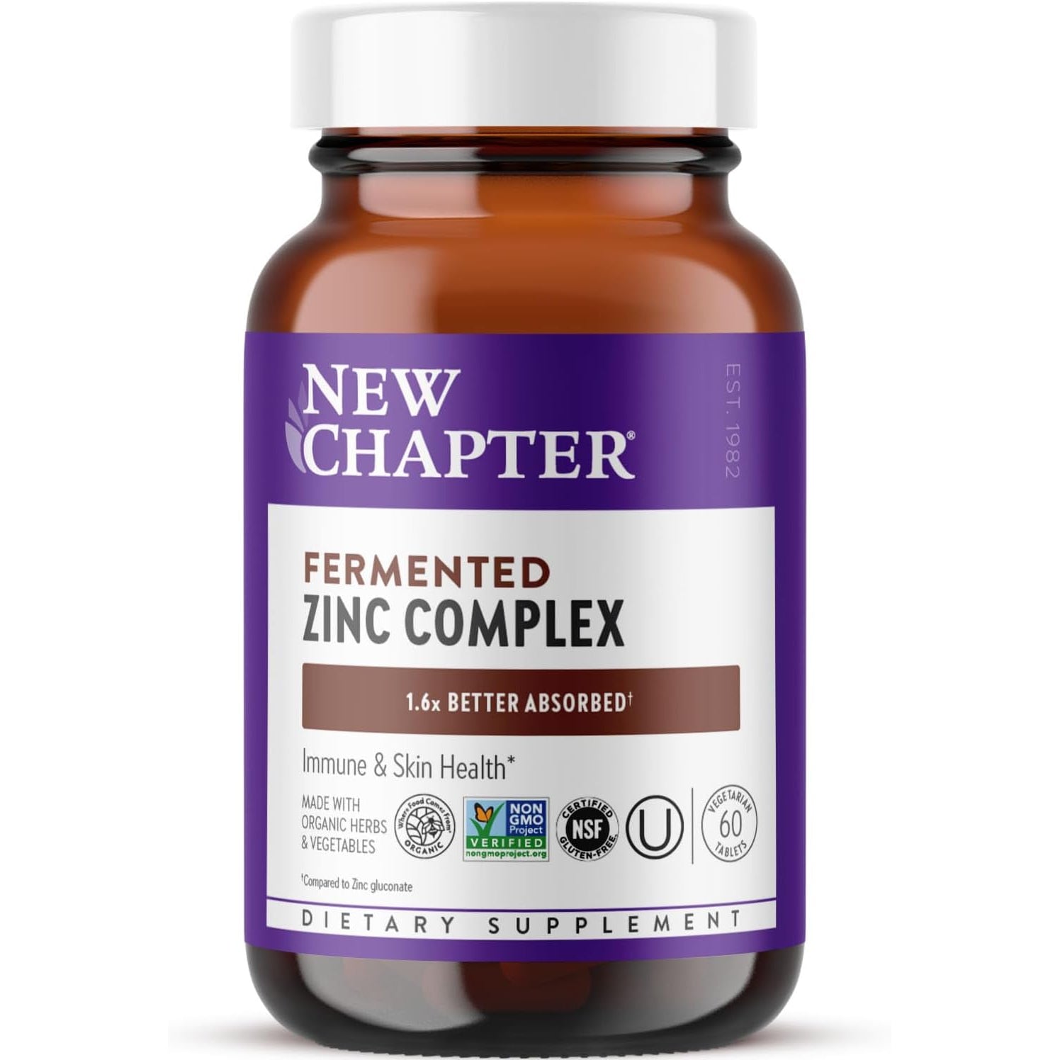 New Chapter Zinc Supplement, Fermented Zinc Complex, ONE Daily for Immune Support + Skin Health, Mineral-Balancing Formula Rich in Copper, Easy to Swallow & Digest, 60 Count (2 Month Supply)