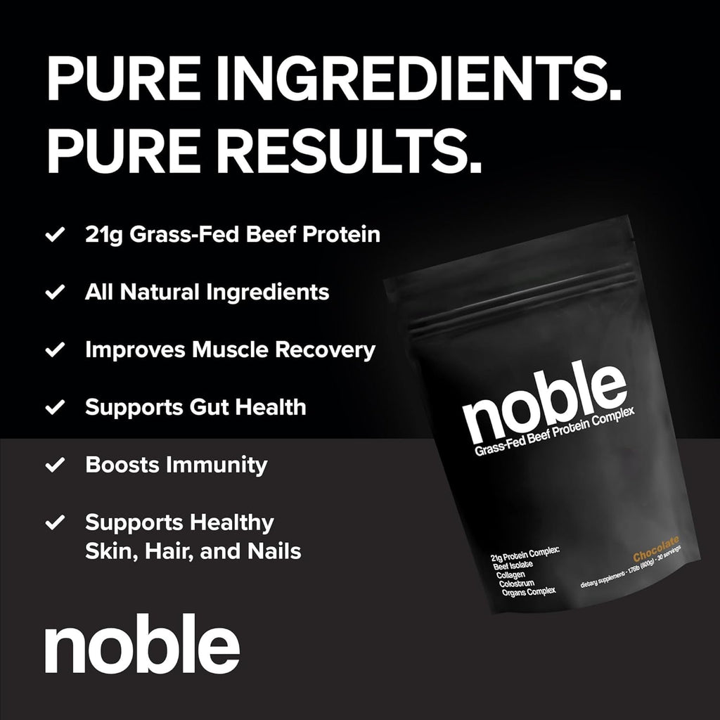 Noble All-In-One Chocolate Protein Powder, 21G Grass-Fed Beef Protein & Collagen, Colostrum & Organ Blend, Whey-Free, Seed Oil-Free, Zero-Carb, 30 Servings (1.75Lbs)