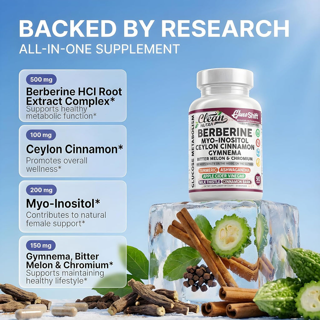 Clean Nutra Berberine Supplement Myo-Inositol Ceylon Cinnamon Gymnema Bitter Melon Chromium Complex for Digestion, Antioxidant Support & Wellness 90 Vegan Capsules Non-Gmo