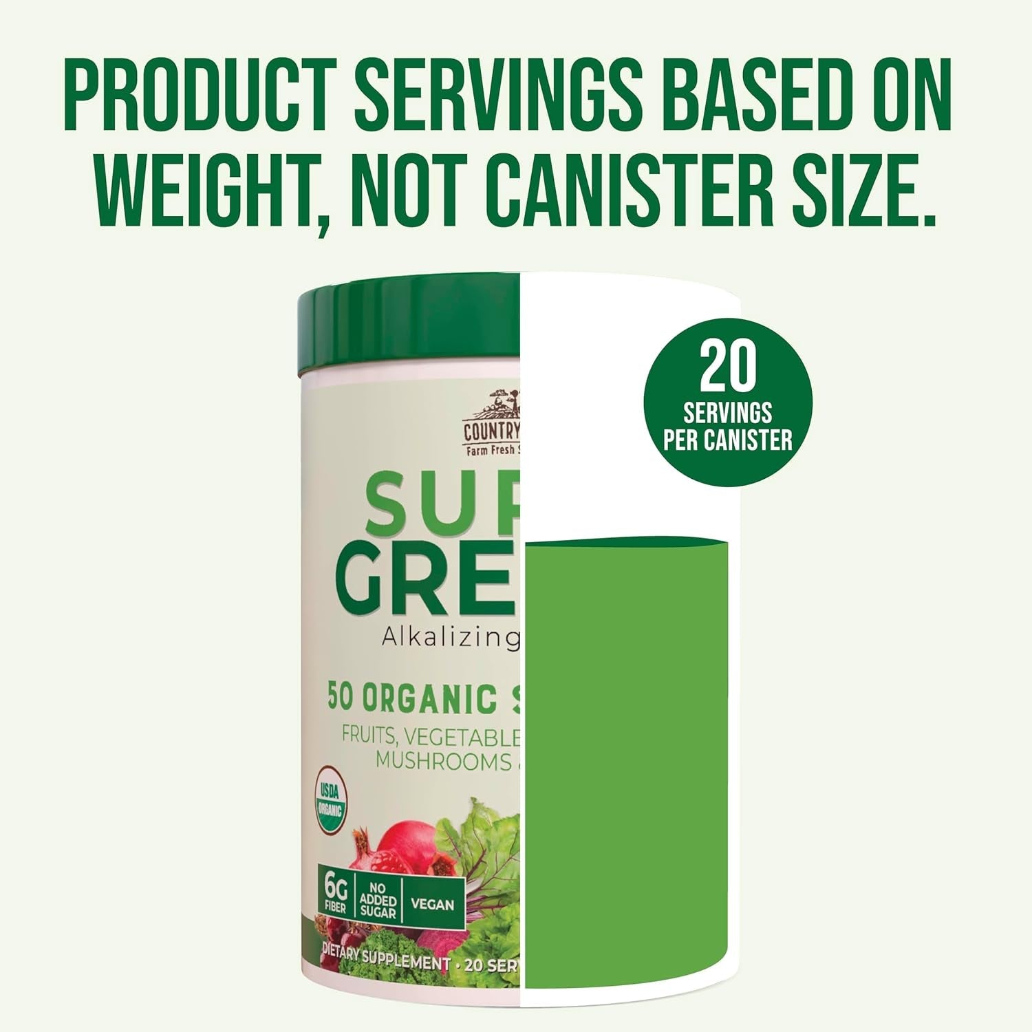 Country Farms Organic Super Greens Powder, 50 Organic Superfoods, Daily Greens Drink Mix with Fruits, Vegetables, Fiber, Probiotics & Mushrooms, Supports Energy, Gut Health & Digestion, Natural Flavor