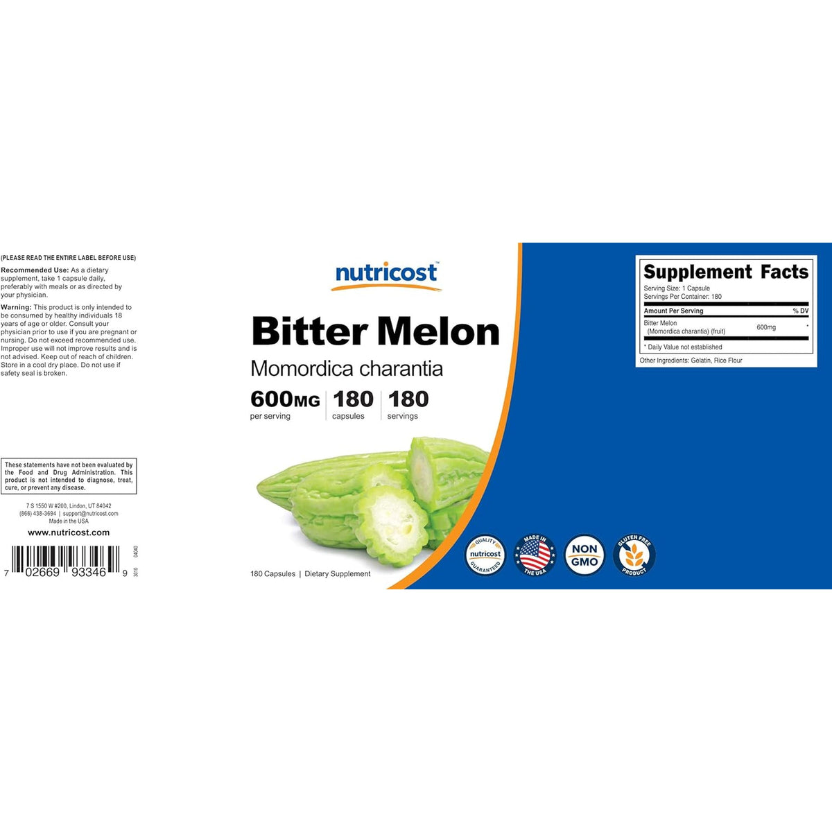 Nutricost Bitter Melon Extract 180 Capsules for 180 Servings per Bottle - Momordica Charantia, Vegan, Gluten Free and GMO Free
