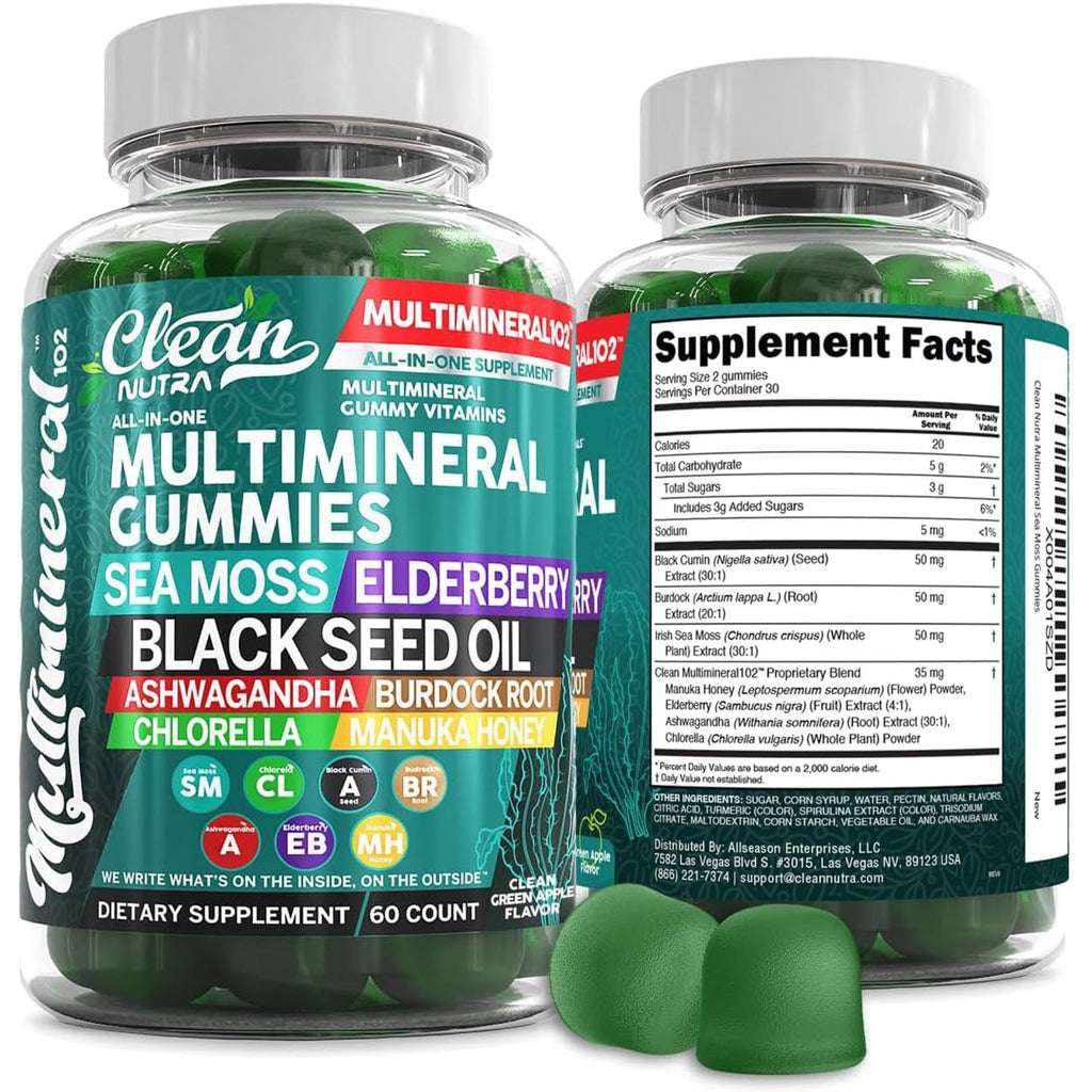 Sea Moss Gummies | Clinically Tested - Black Seed Oil Ashwagandha Elderberry Burdock Root Chlorella Manuka Honey - Vegan Irish Sea Moss Gummy Vitamins for Adults Kids Men Women - Green Apple Flavor