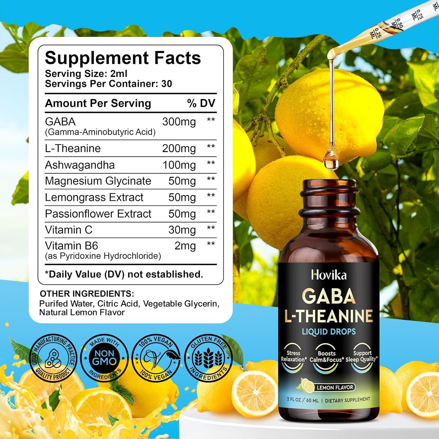 GABA L-Theanine Drops - Liquid GABA L-Theanine Supplement with L-Theanine, Ashwagandha, Magnesium Glycinate, Vitamin C, B6 - Support Sleep, Relaxation, Calm Mood & Focus - Lemon Flavor, 2 Fl Oz