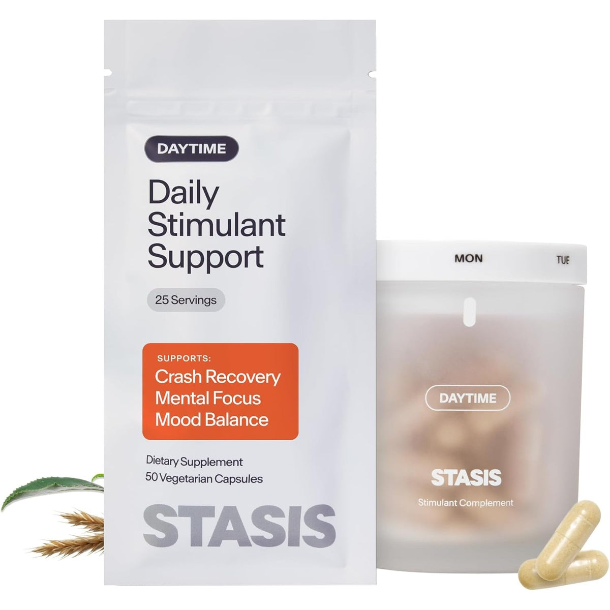 STASIS Daytime Stimulant Support Supplement for Adults with Shoden Ashwagandha, Coq10, Saffron & L Theanine, Daily Energy & Focus Capsules, No Crash, No Brain Fog, Vegan, 25 Servings, Complete Kit
