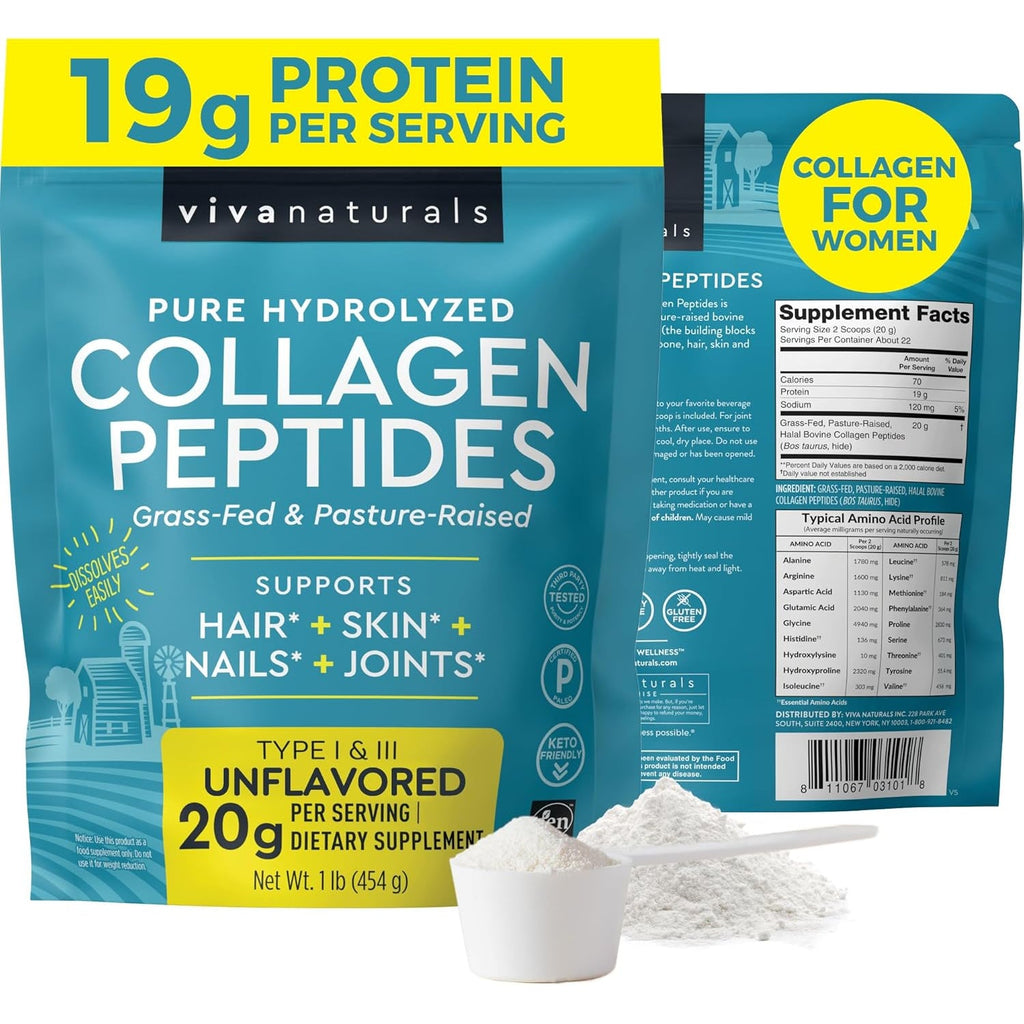 Viva Naturals Collagen Peptides Powder - Grass-Fed Hydrolyzed Bovine, Type I & III - 19 G Protein, Unflavored, Easy Dissolving - Joint, Skin, Hair & Nail Support - Paleo, Keto, Non-Gmo - 1Lb