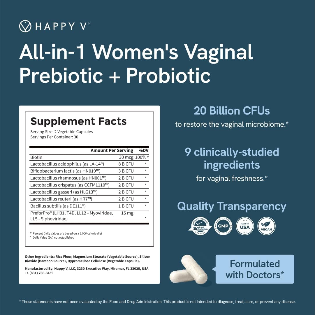 Happy V Dr. Formulated Vaginal Probiotics for Women Odor & Itch Support, Urinary & Gut Health, Ph Balance | Womens Daily Probiotic with Patented Prebiotics & Lactobacillus for Feminine Wellness