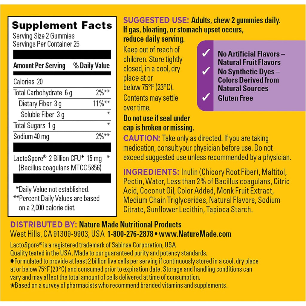 Nature Made Probiotic + Prebiotic Fiber Gummies for Daily Gut Health, Fiber Supplement with Probiotics for Digestive Health Support, 50 Gummies, 25 Day Supply