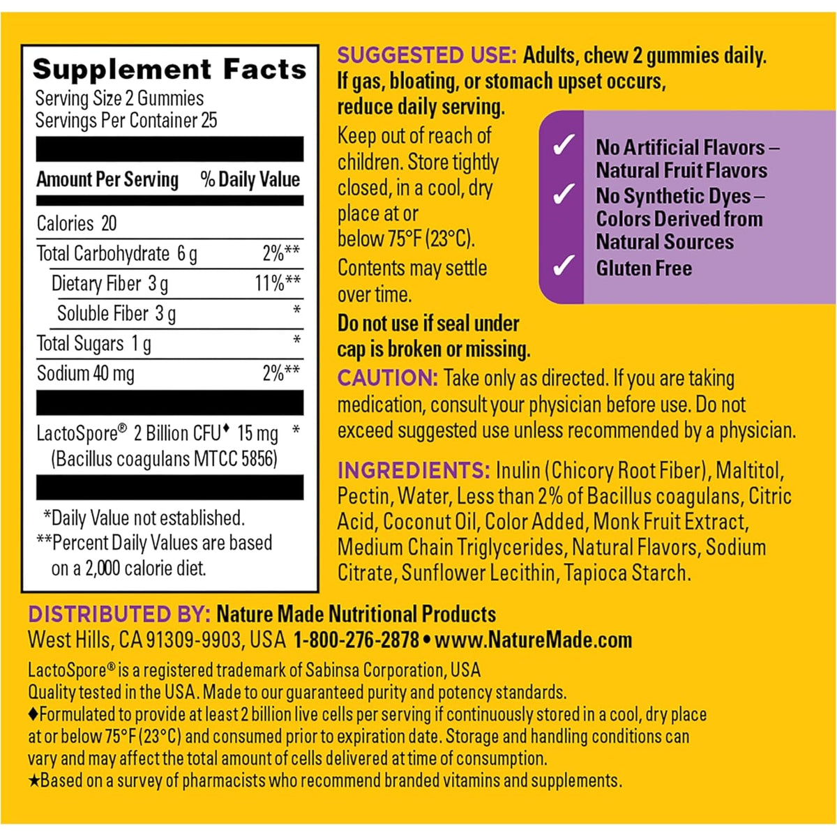 Nature Made Probiotic + Prebiotic Fiber Gummies for Daily Gut Health, Fiber Supplement with Probiotics for Digestive Health Support, 50 Gummies, 25 Day Supply
