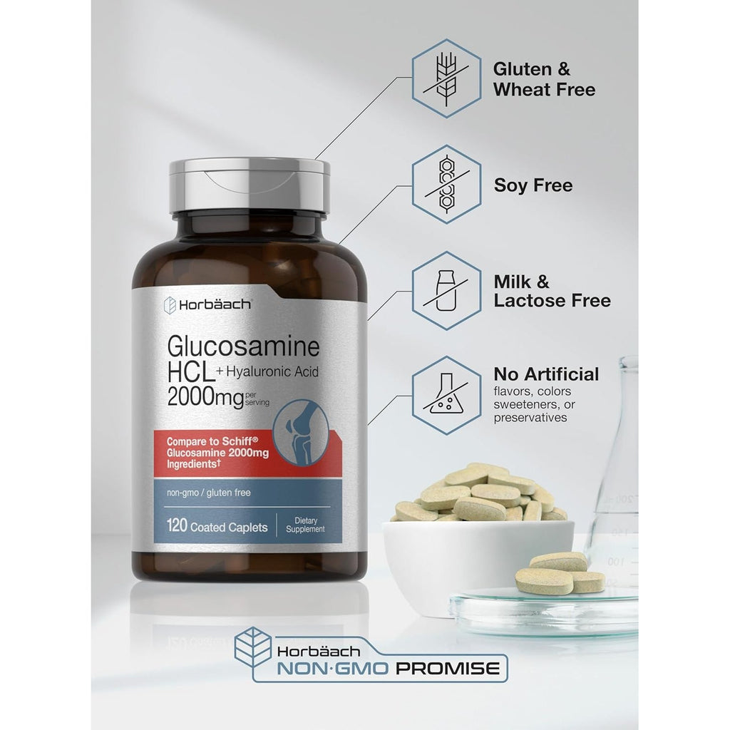Horbäach Glucosamine HCL | with Hyaluronic Acid | 2000Mg | 120 Coated Caplets | Non-Gmo & Gluten Free Supplement