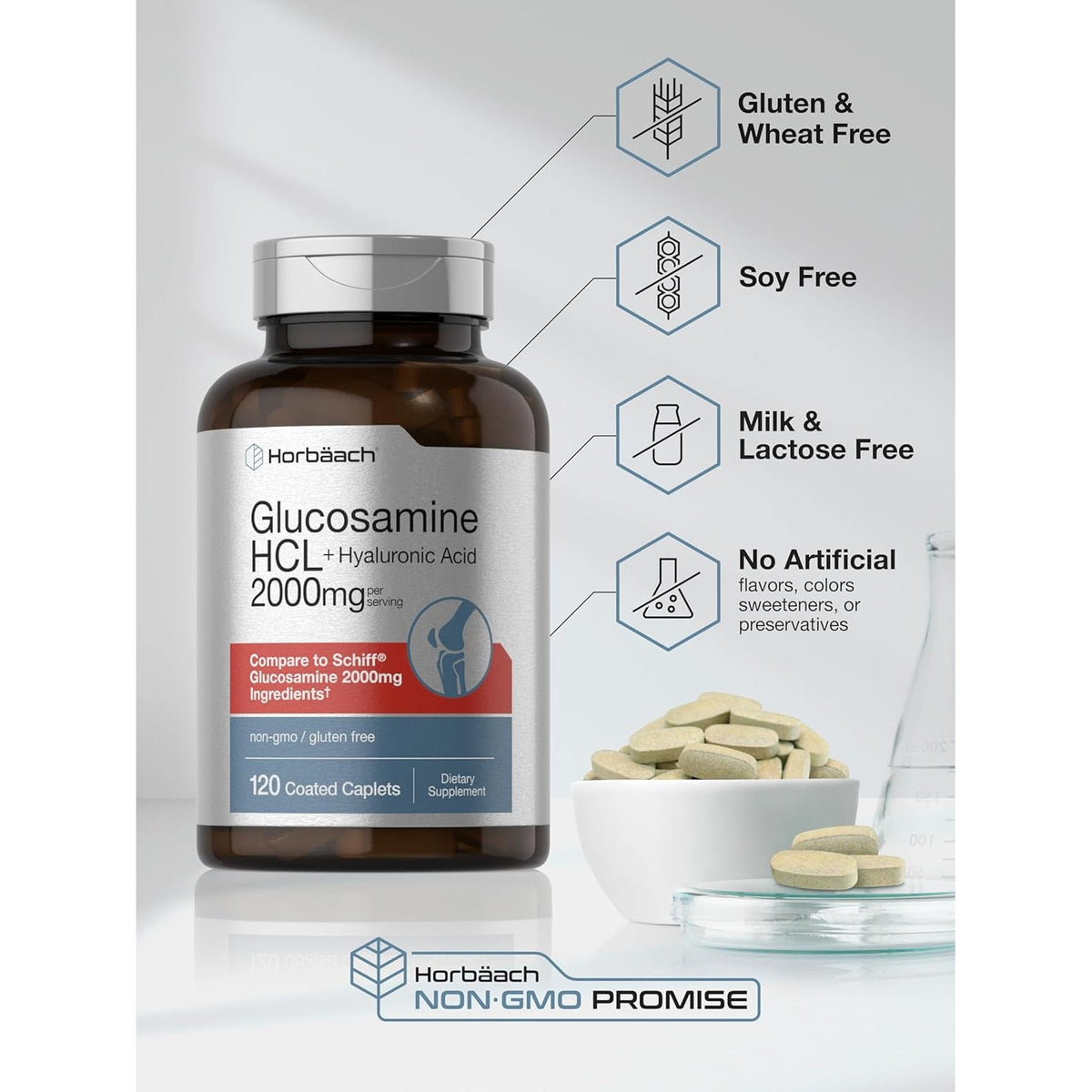 Horbäach Glucosamine HCL | with Hyaluronic Acid | 2000Mg | 120 Coated Caplets | Non-Gmo & Gluten Free Supplement