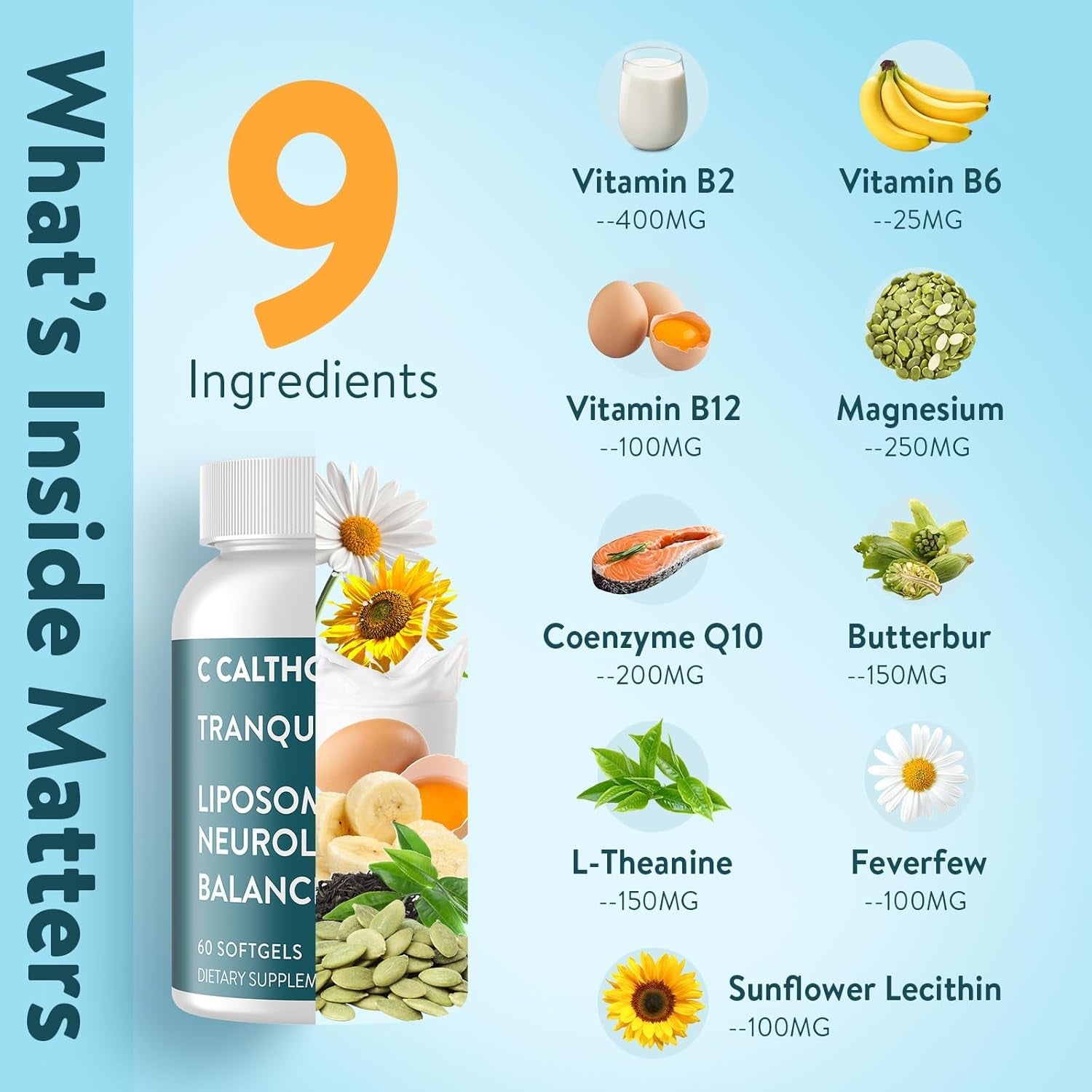 Migraine Relief Supplement – Liposomal Riboflavin, Vitamin B2 B6 & B12, Magnesium, Coq10, L-Theanine, Pa-Free Butterbur & Feverfew – Natural Head & Nerve – 60 Softgels