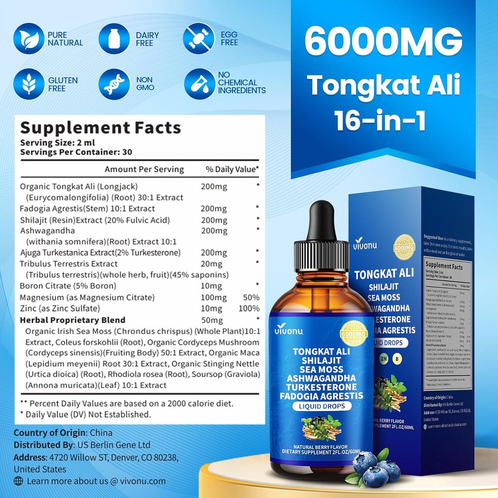 Vivonu Tongkat Ali Liquid Drops with Shilajit* for Men, Turkesterone, Fadogia Agrestics, Magnesium Zinc & Boron, Berry Flavor Herbal Supplements* for Energy*, Immune* Health