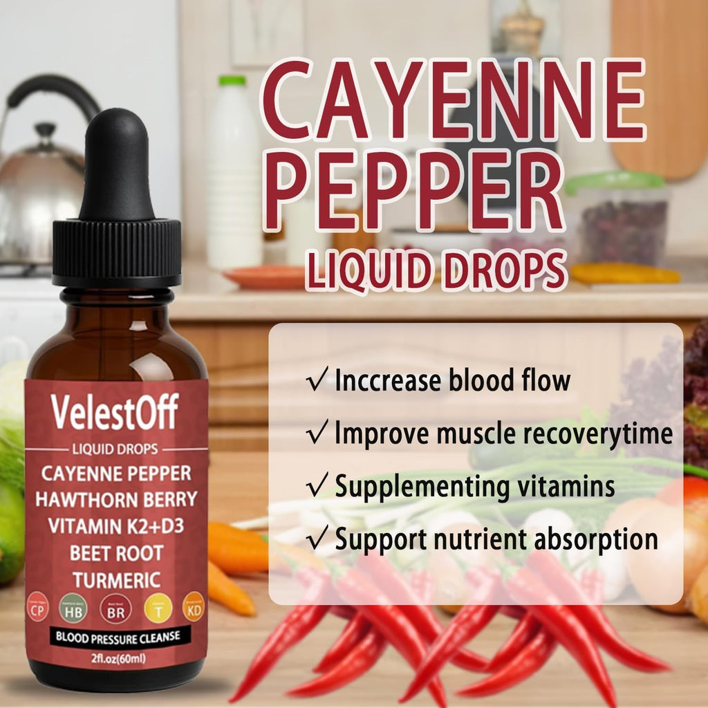 Velestoff Cayenne Pepper & Cayenne Pepper Drops Liquid Supplement with Hawthorn, Beet Root, Turmeric, Vitamin K2 D3