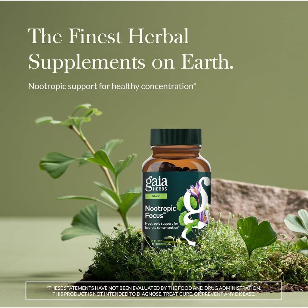 Gaia Herbs Nootropic Focus - Brain & Cognitive Support Supplement to Help Maintain Healthy Concentration* - with Saffron, Lemon Balm & Spearmint - 40 Liquid Phyto-Capsules (20 Servings)