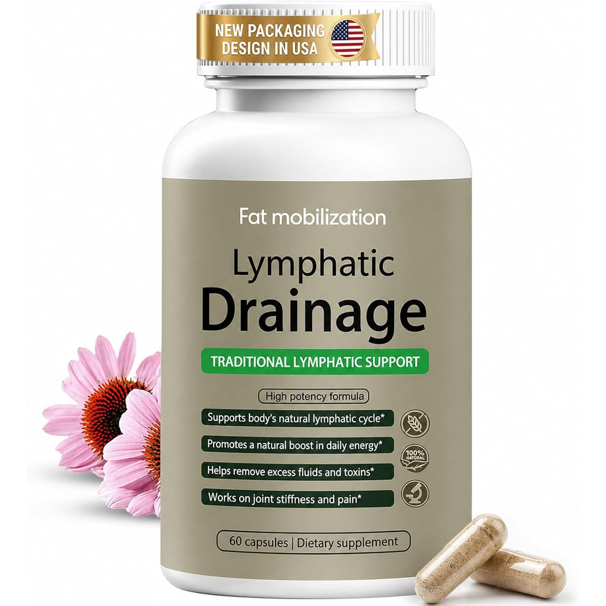Lymphatic Drainage Capsules-Lymphatic Drainage Supplements, Herbal Detox & Immune Support with 8-Plant Complex, Supports Fluid Balance & Promotes a Light Feeling, 60 Capsules (1Pc)