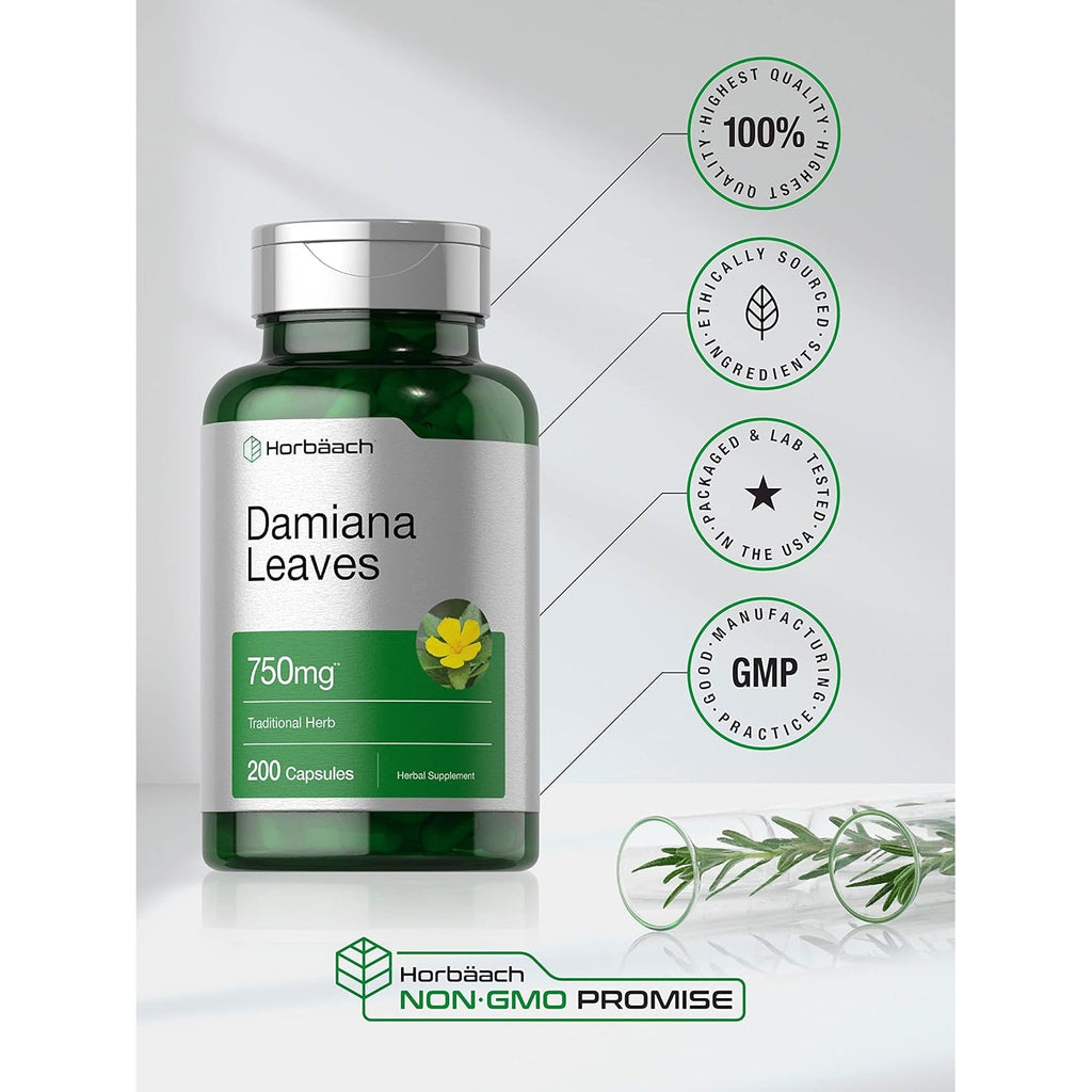 Horbäach Damiana Leaf Extract | 200 Capsules | Herbal Supplement | Non-Gmo, Gluten Free Formula