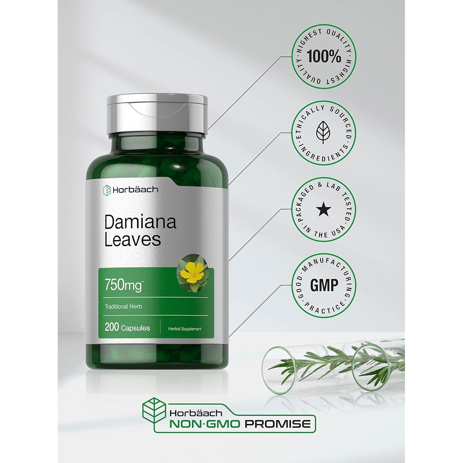 Horbäach Damiana Leaf Extract | 200 Capsules | Herbal Supplement | Non-Gmo, Gluten Free Formula