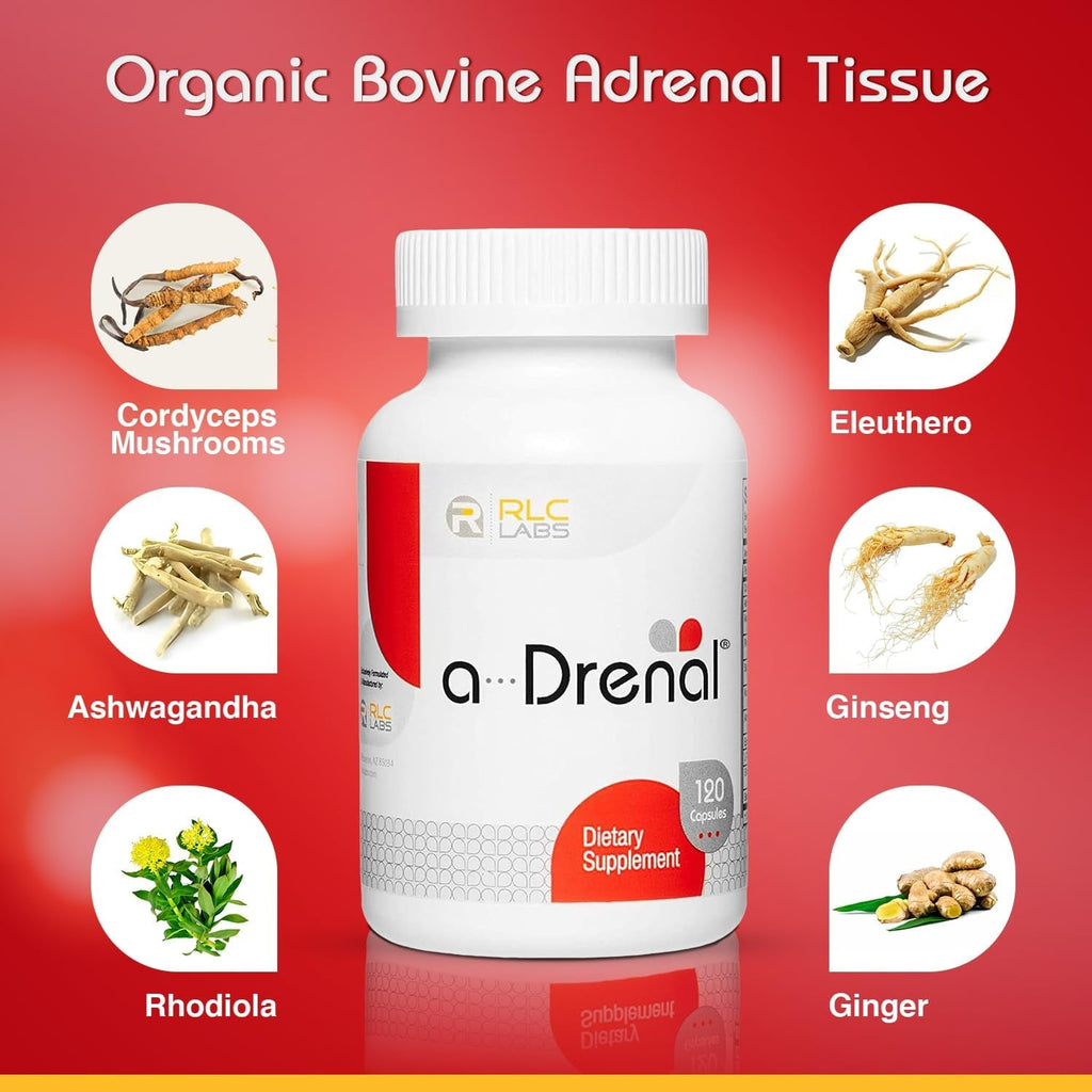 RLC Labs A-Drenal, 120 Capsules - Herbal, Cortisol Supplement with Ashwagandha, Ginger & Rhodiola to Support Balance, Mood, Energy & Vitality - Adrenal Support Formula (1 Month Supply)